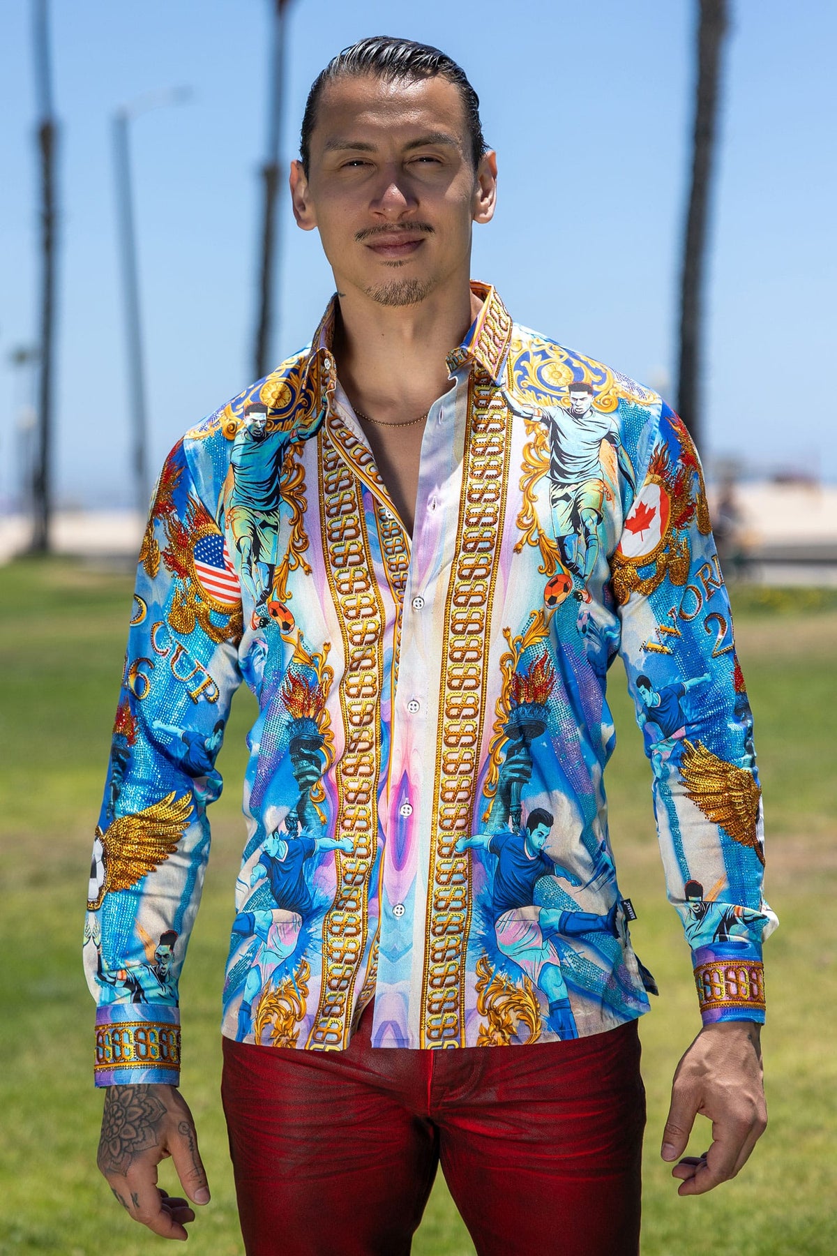 Men's Rhinestone 2026 World Cup Floral Print Shirt | BARABAS 6SPR20