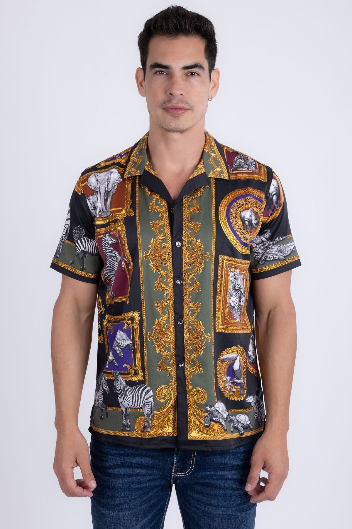 Barabas Men's Wilderness Casual Rhinestone Short-Sleeve Shirt 6SSR01 Black