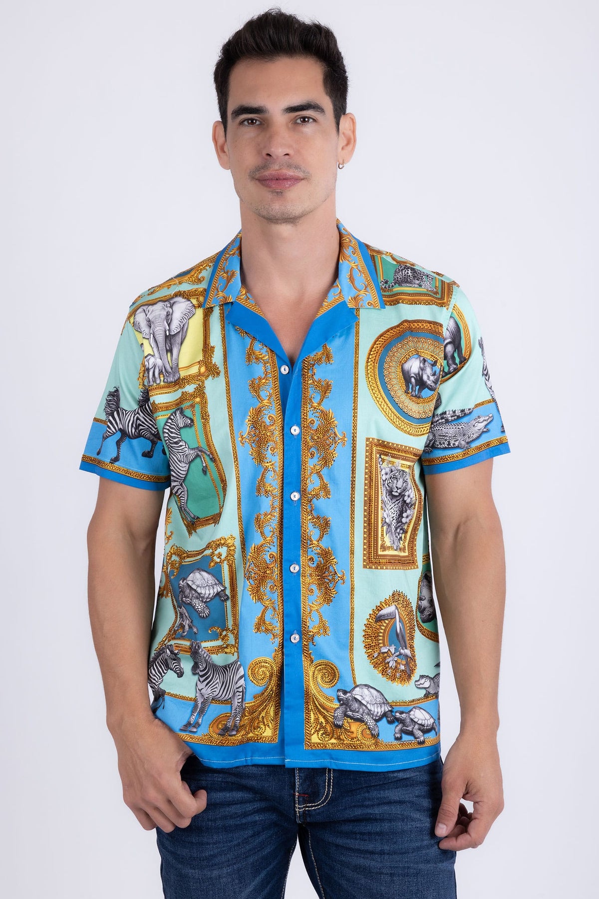 Barabas Men's Wilderness Casual Rhinestone Short-Sleeve Shirt 6SSR01 Blue Coral