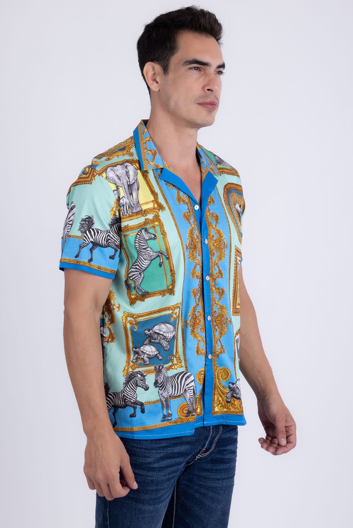 Barabas Men's Wilderness Casual Rhinestone Short-Sleeve Shirt 6SSR01 Sky Blue