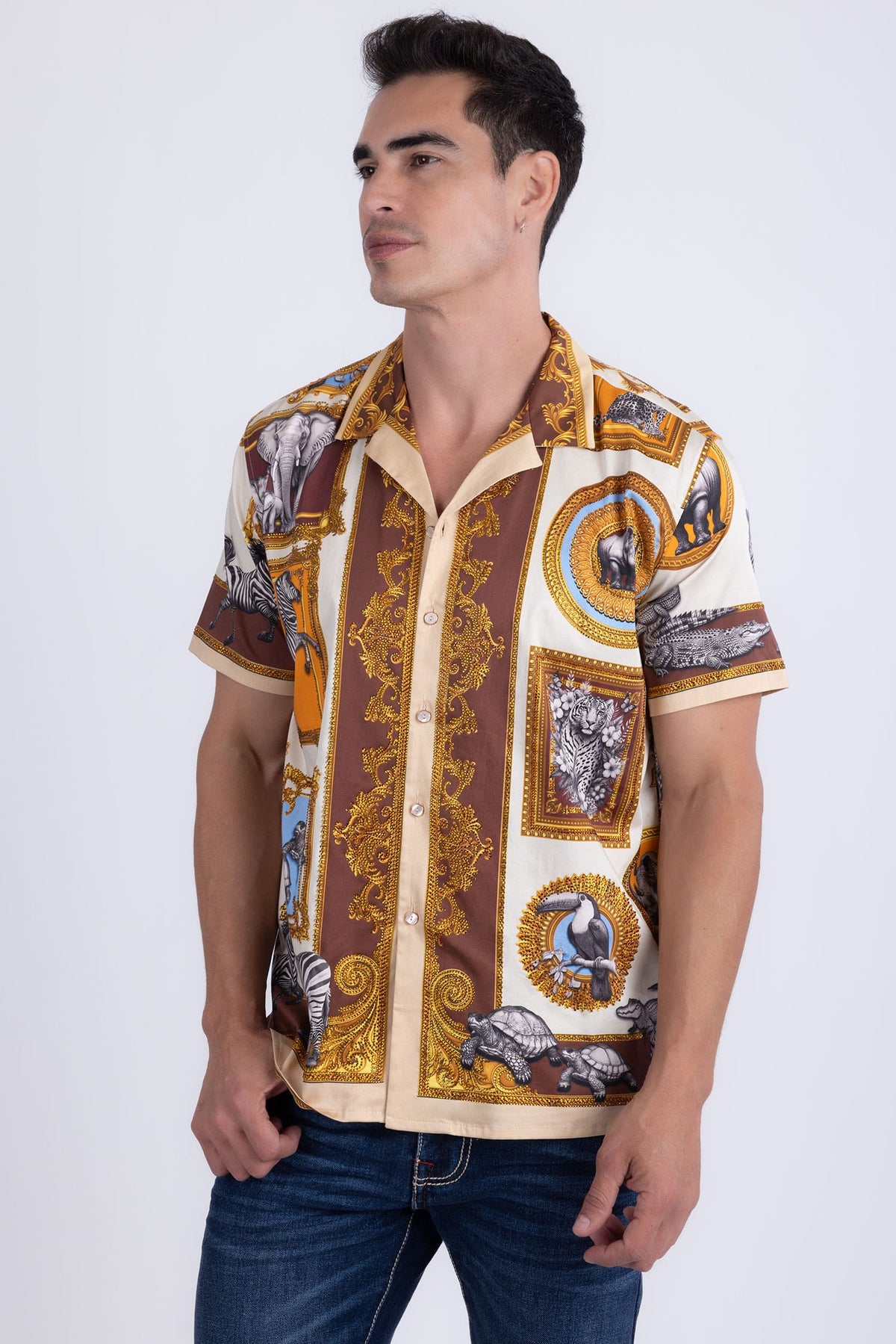 Barabas Men's Wilderness Casual Rhinestone Short-Sleeve Shirt 6SSR01 Tan