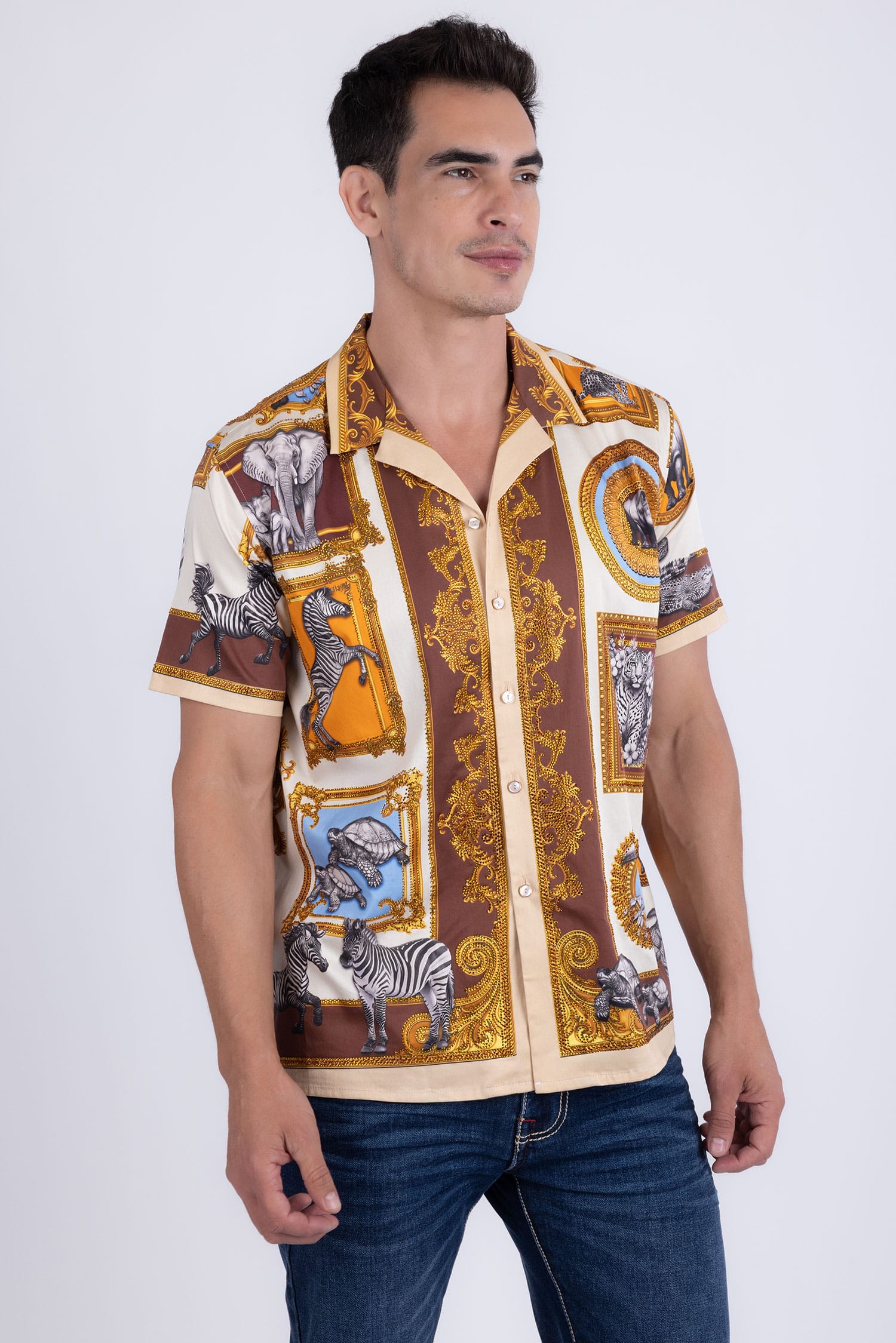 Barabas Men's Wilderness Casual Rhinestone Short-Sleeve Shirt 6SSR01 Beige