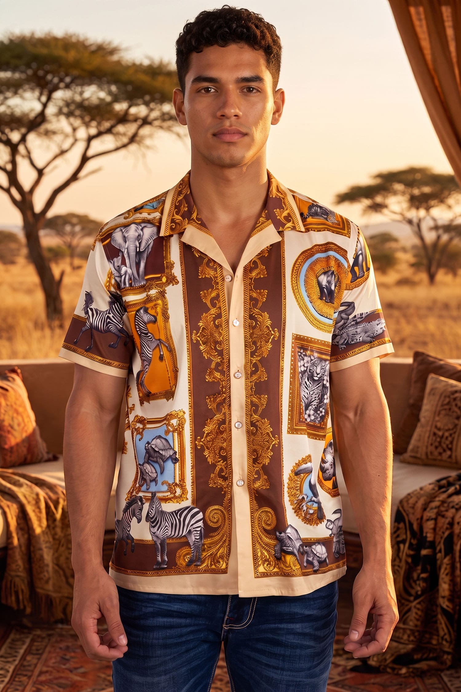 Barabas Men's Wilderness Casual Rhinestone Short-Sleeve Shirt 6SSR01 Tan
