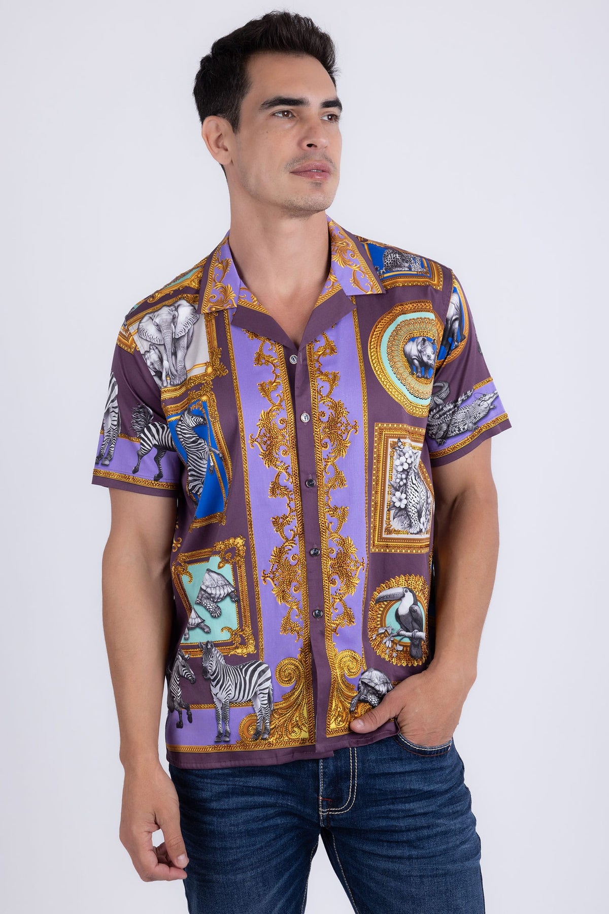 Barabas Men's Wilderness Casual Rhinestone Short-Sleeve Shirt 6SSR01 Violet