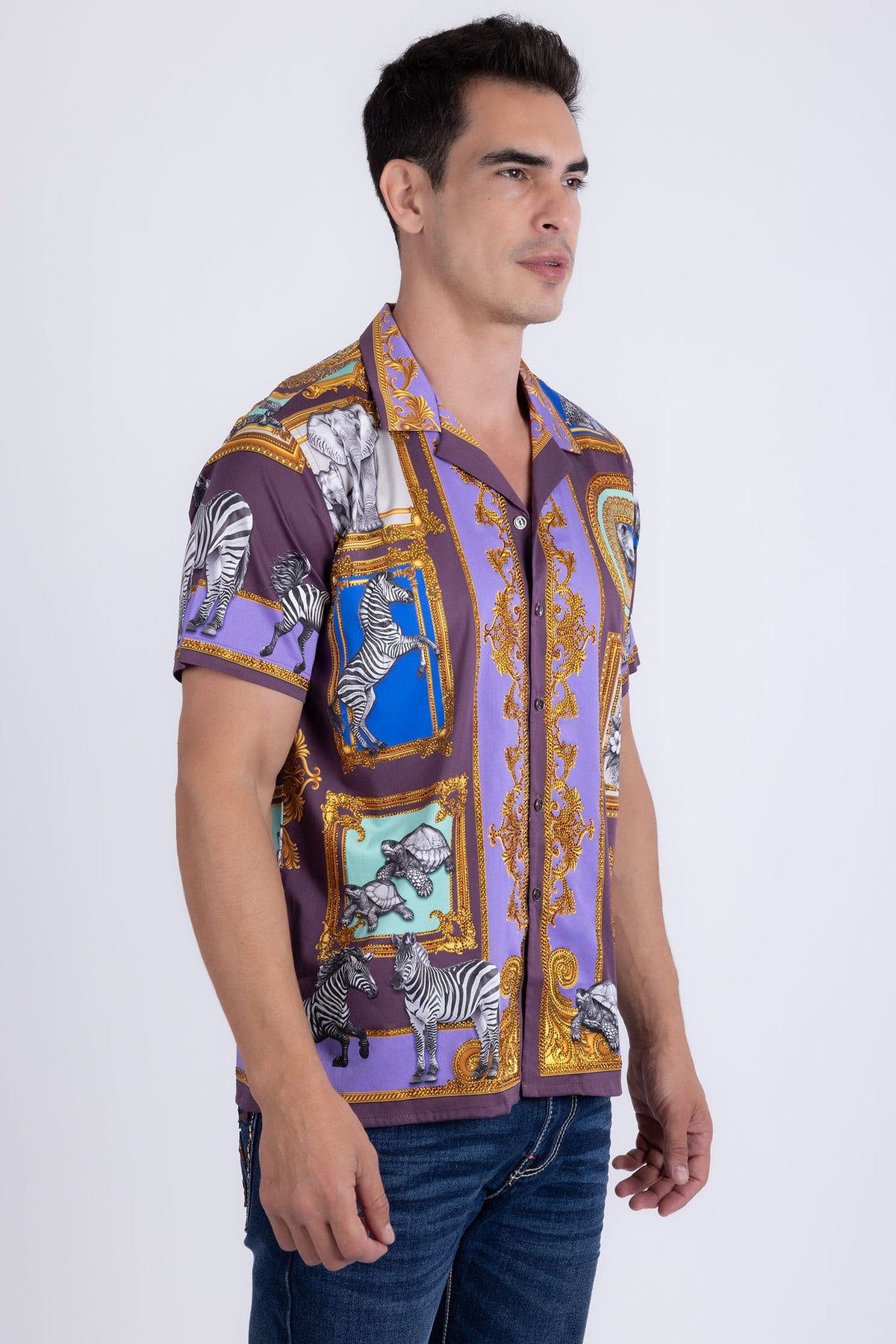Barabas Men's Wilderness Casual Rhinestone Short-Sleeve Shirt 6SSR01 Purple