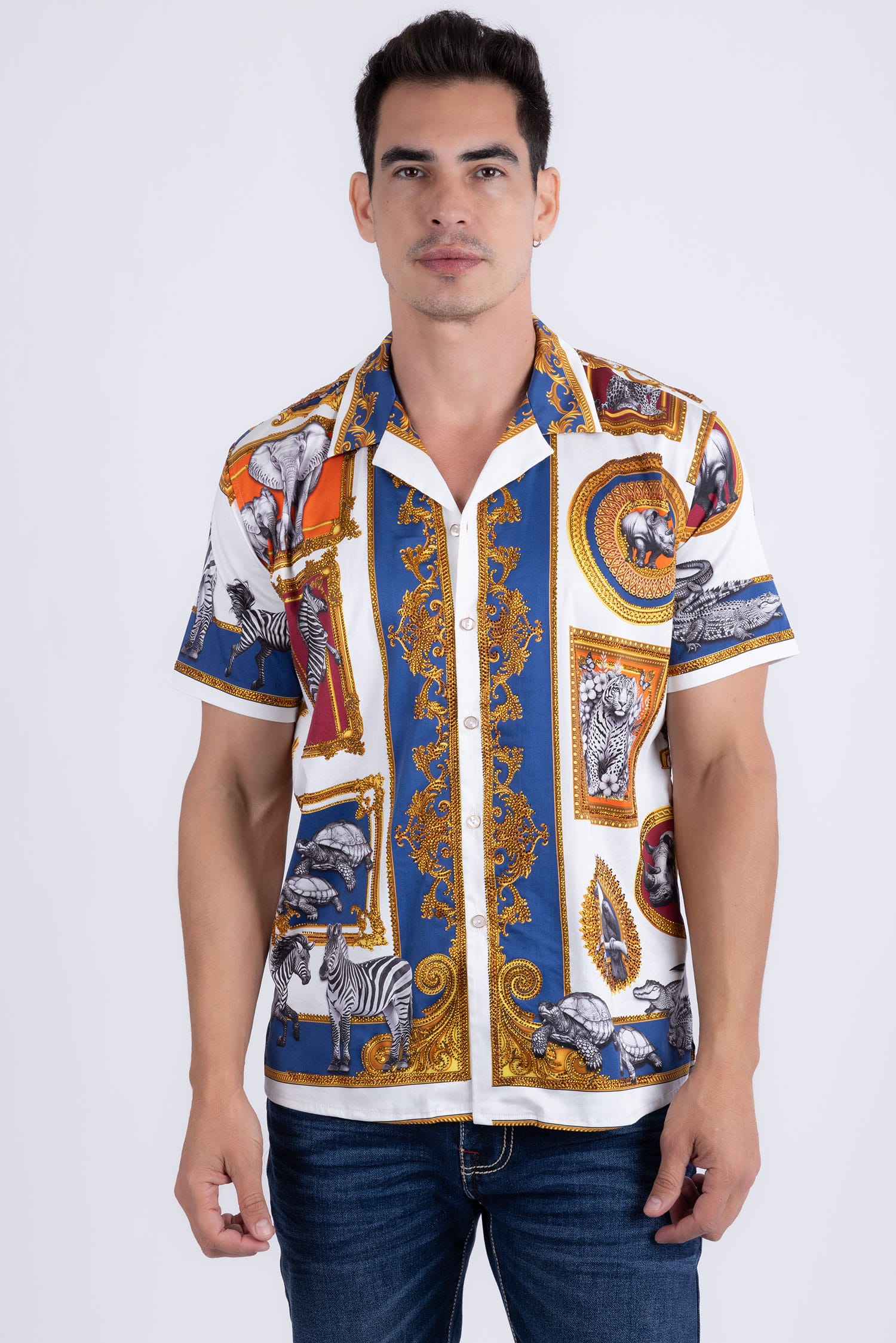Barabas Men's Wilderness Casual Rhinestone Short-Sleeve Shirt 6SSR01 White