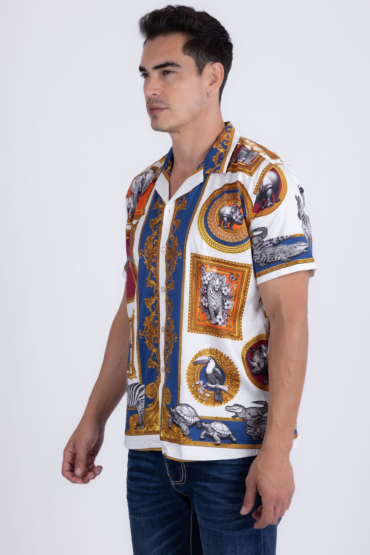 Barabas Men's Wilderness Casual Rhinestone Short-Sleeve Shirt 6SSR01 White