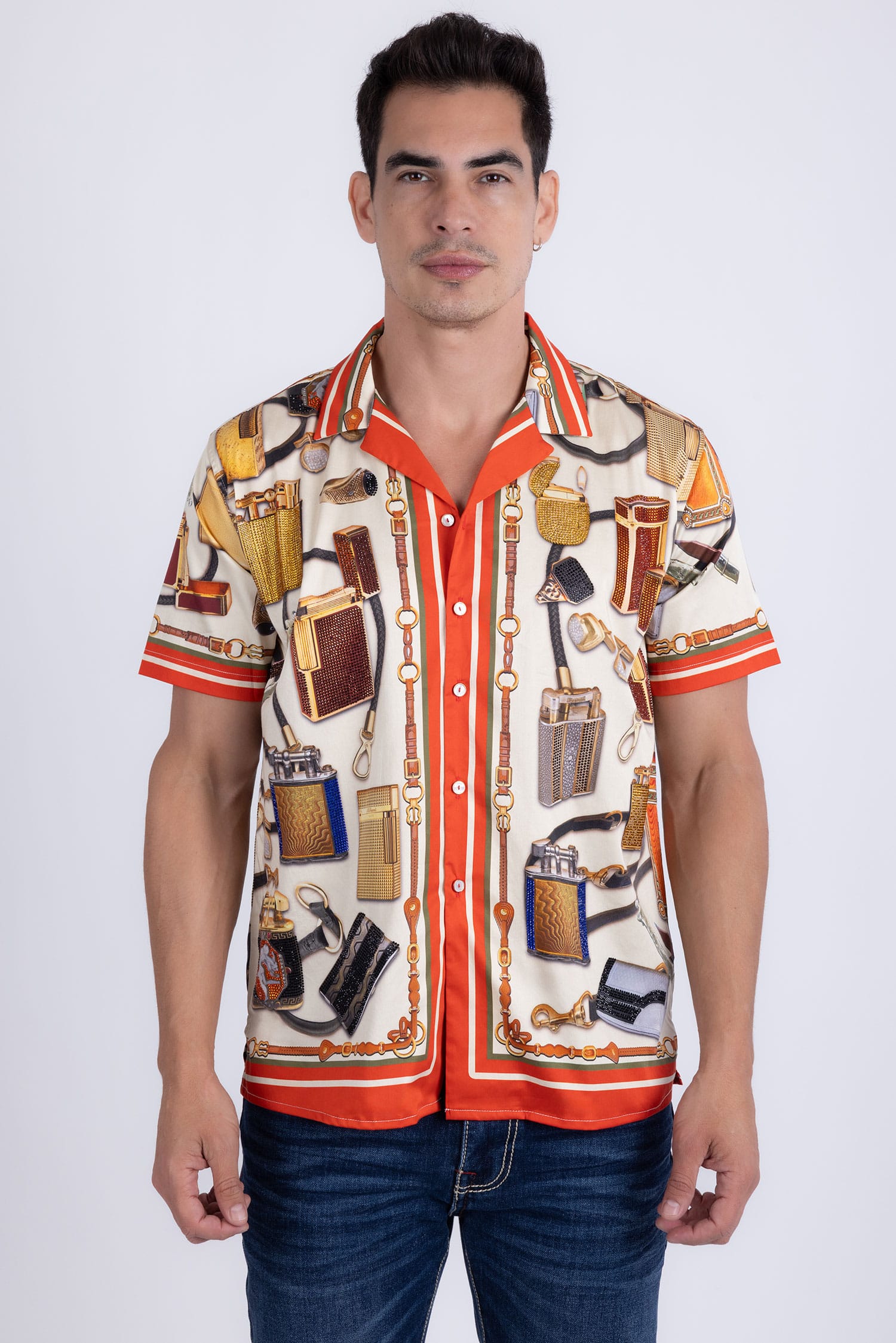Men's Regal Rhinestone Casual Short-Sleeve Shirt | BARABAS 6SSR02 Beige