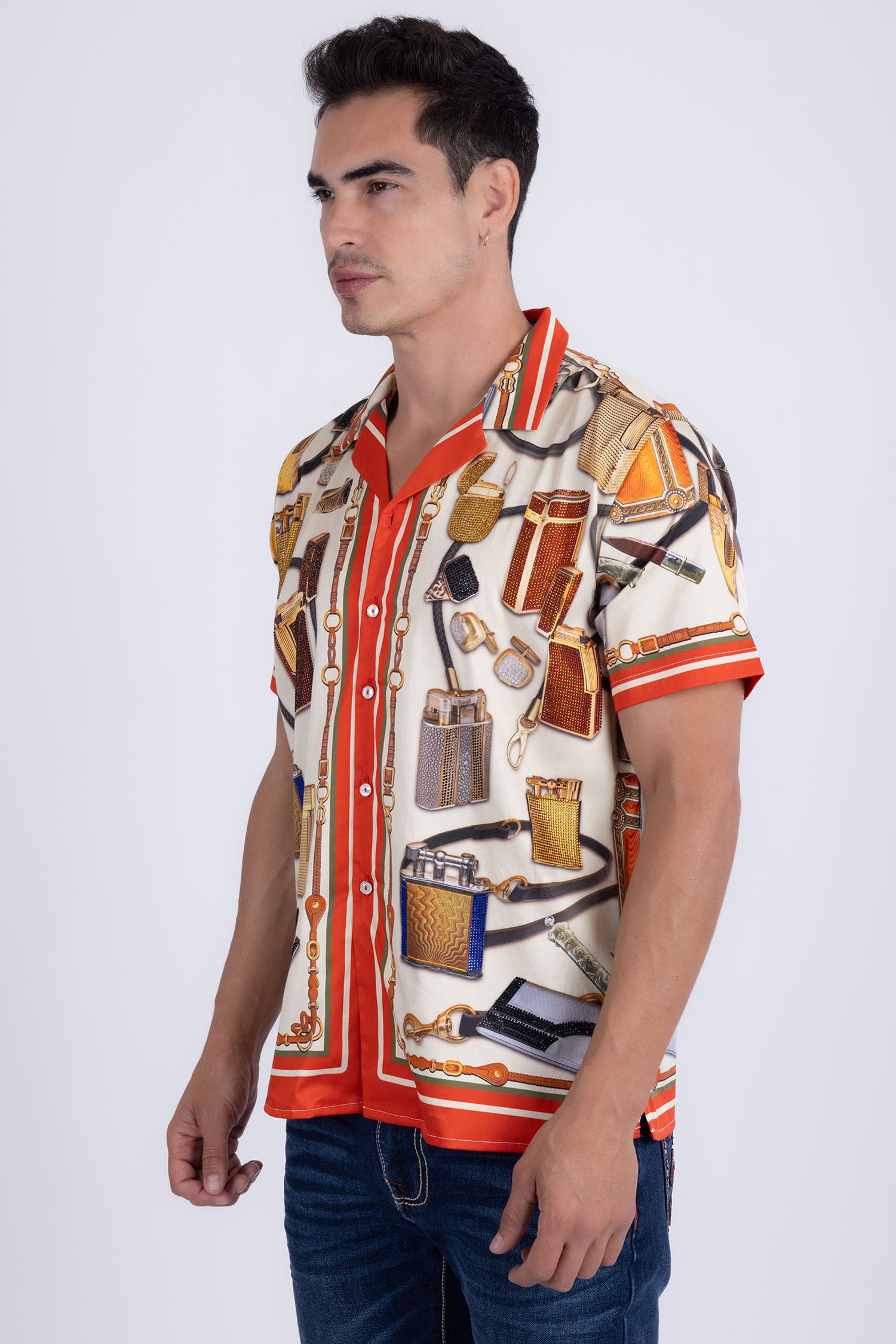 Men's Regal Rhinestone Casual Short-Sleeve Shirt | BARABAS 6SSR02 Orange
