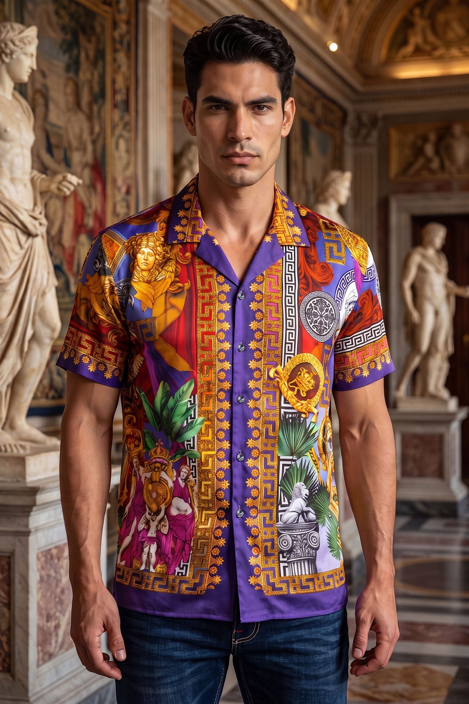 Men's Roman Rhinestone Casual Short-Sleeve Shirt | BARABAS 6SSR03 Multi