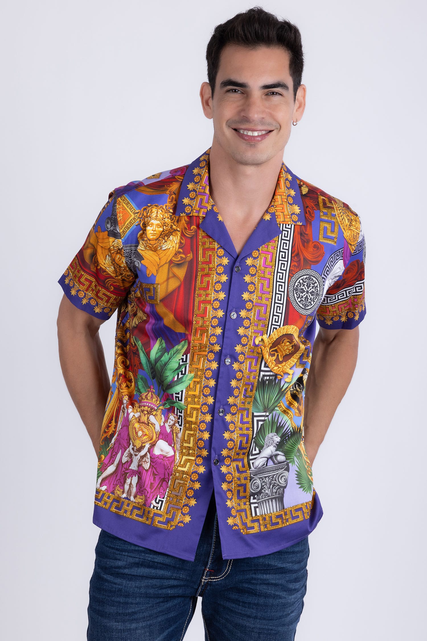 Men's Roman Rhinestone Casual Short-Sleeve Shirt | BARABAS 6SSR03 Red