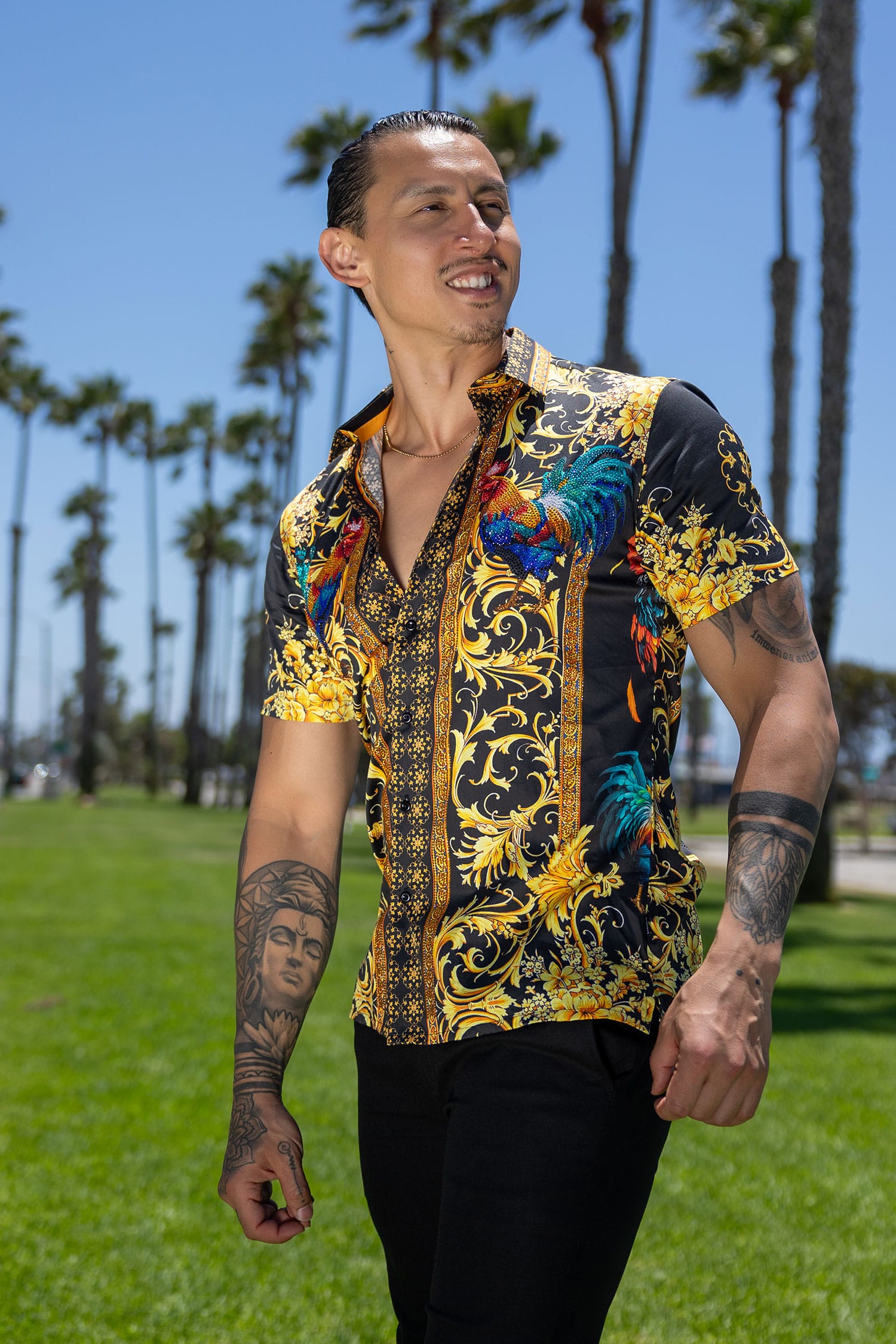 Men's Rhinestone Animal Print Short-Sleeve Shirt | BARABAS 6SSR05 Black