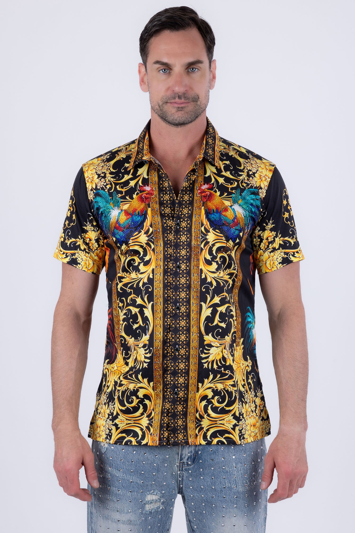 Men's Rhinestone Animal Print Short-Sleeve Shirt | BARABAS 6SSR05 Black