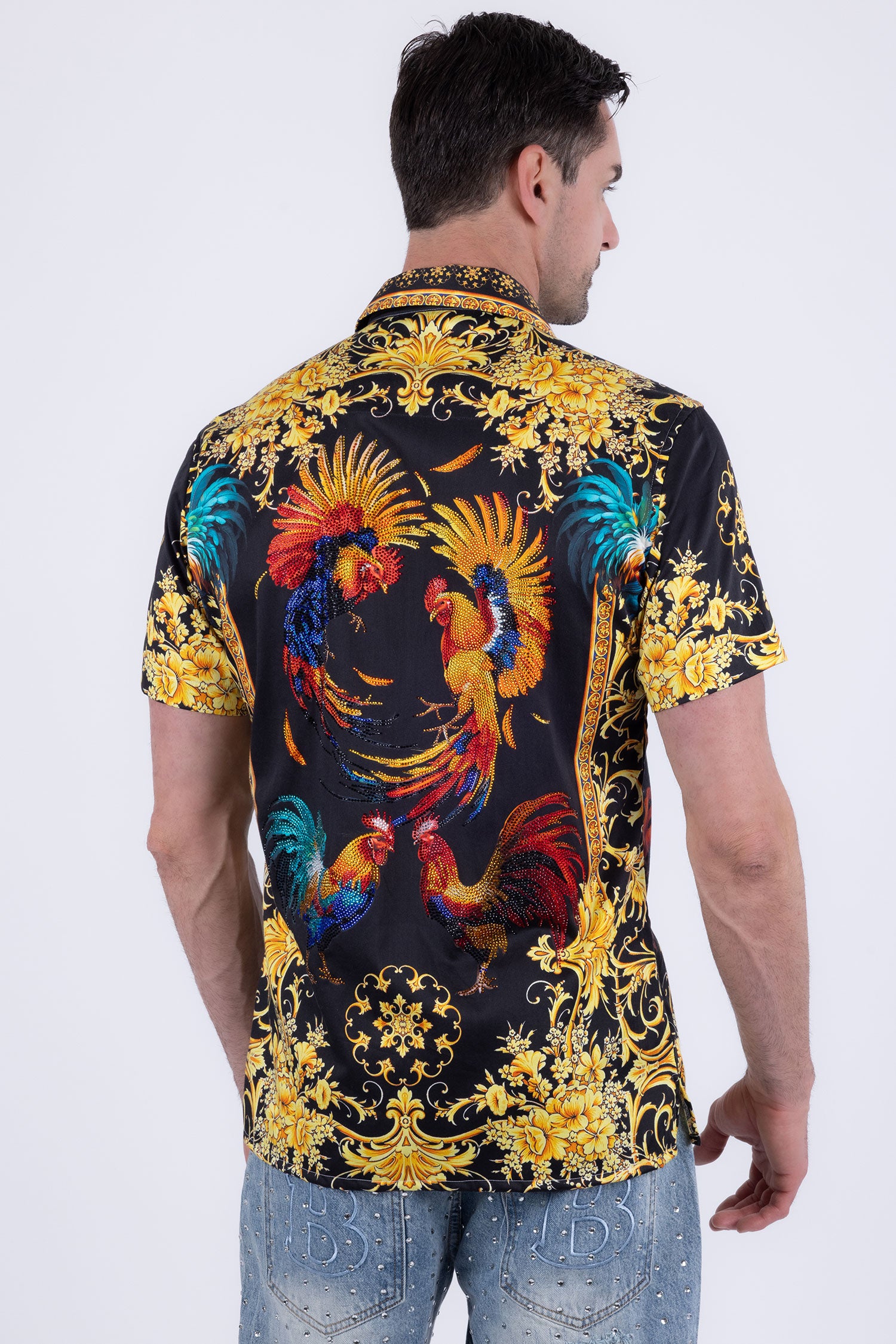 Men's Rhinestone Animal Print Short-Sleeve Shirt | BARABAS 6SSR05 Yellow