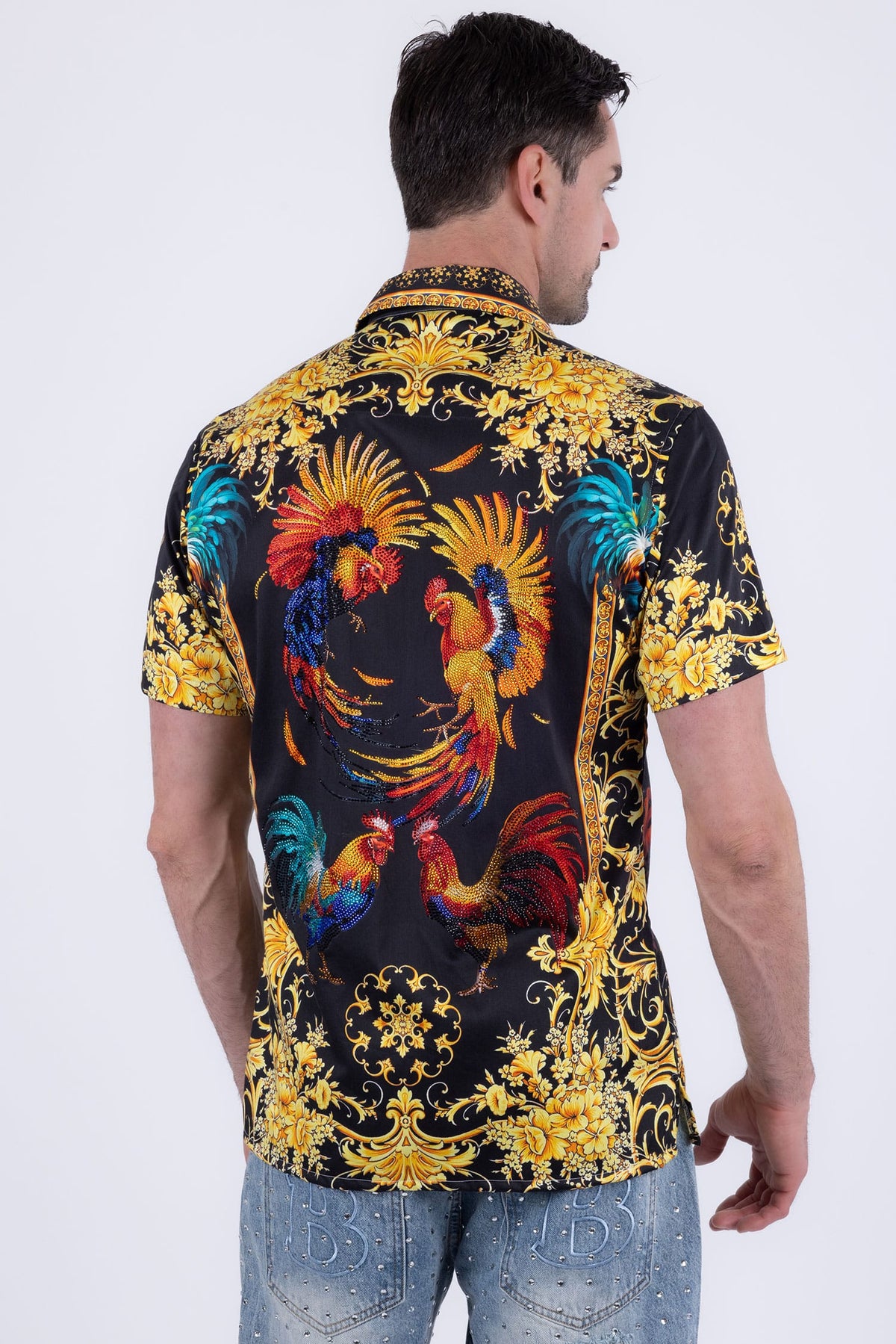 Men's Rhinestone Animal Print Short-Sleeve Shirt | BARABAS 6SSR05 #Color_Black