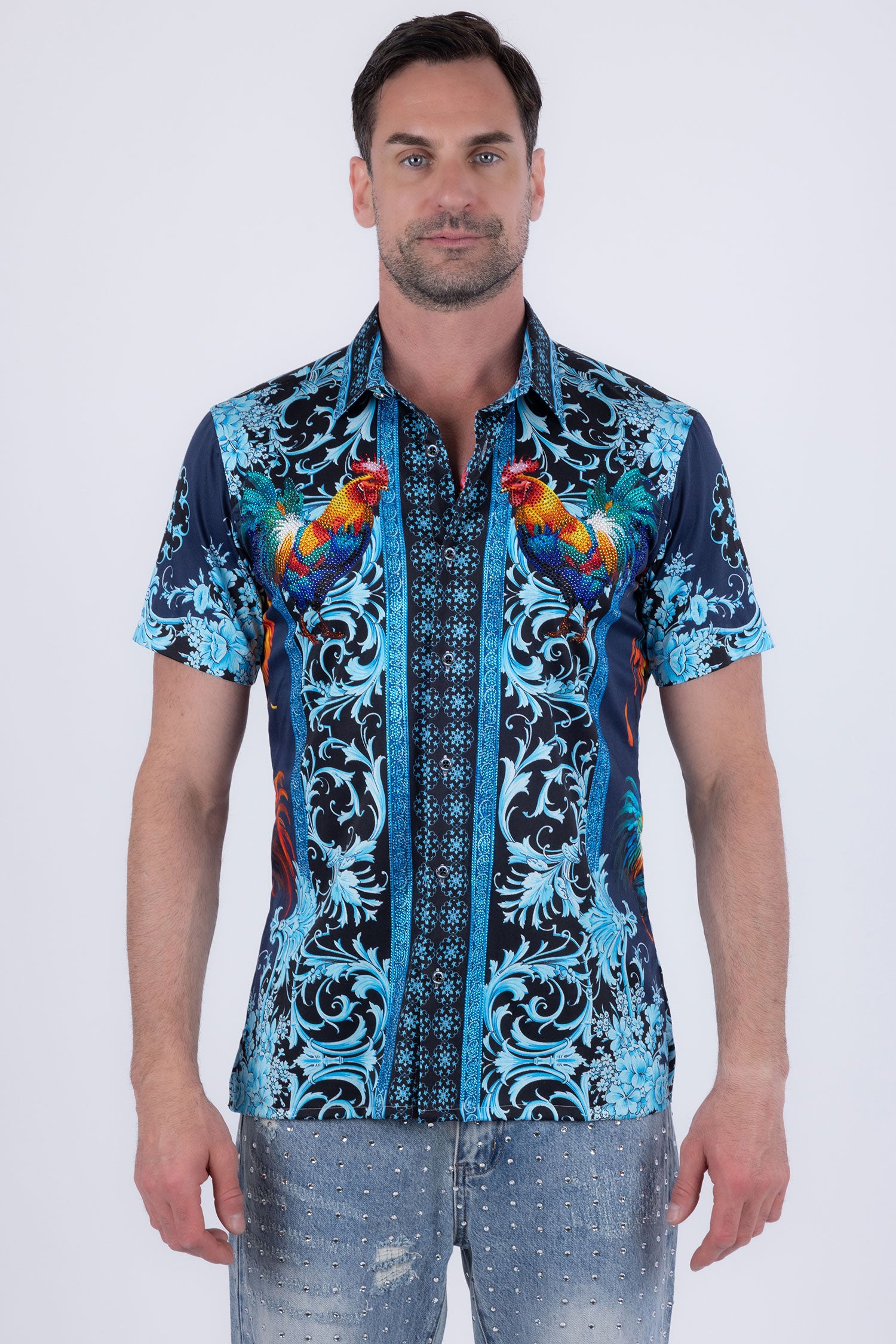 Men's Rhinestone Animal Print Short-Sleeve Shirt | BARABAS 6SSR05 Navy
