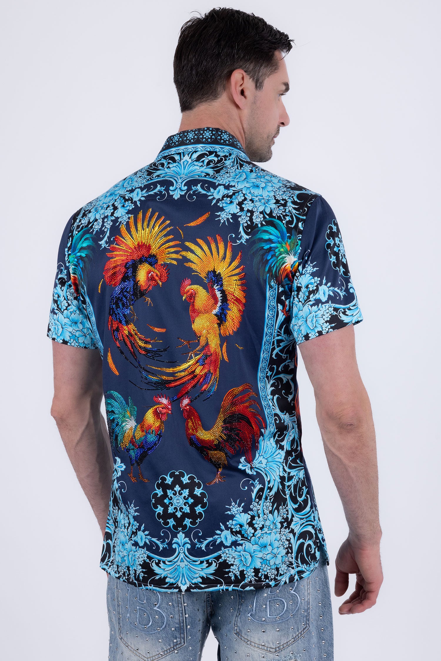 Men's Rhinestone Animal Print Short-Sleeve Shirt | BARABAS 6SSR05 Navy