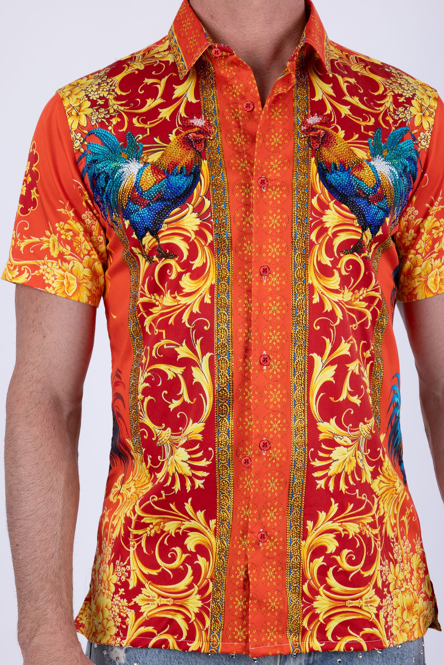 Men's Rhinestone Animal Print Short-Sleeve Shirt | BARABAS 6SSR05 Orange
