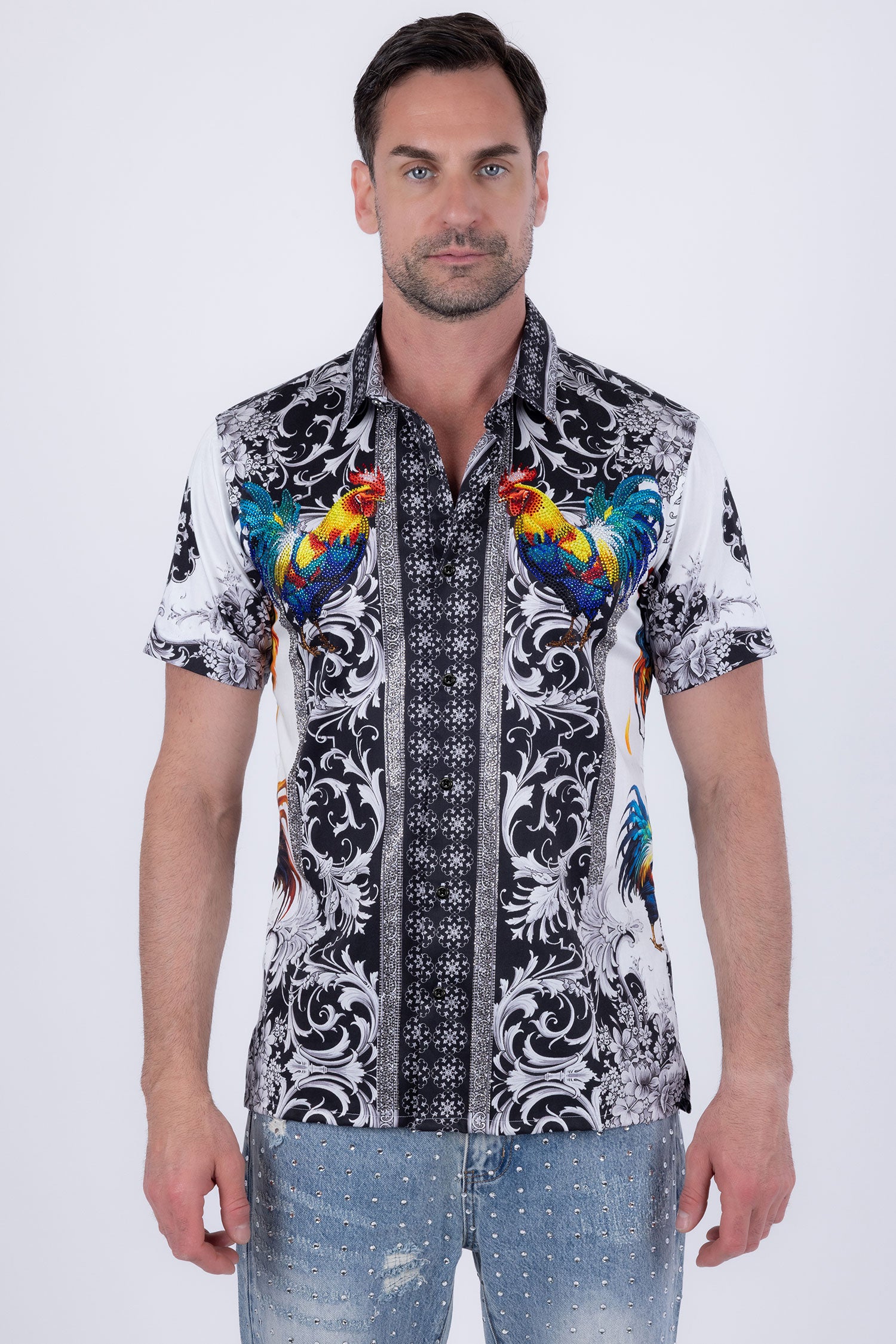 Men's Rhinestone Animal Print Short-Sleeve Shirt | BARABAS 6SSR05 White
