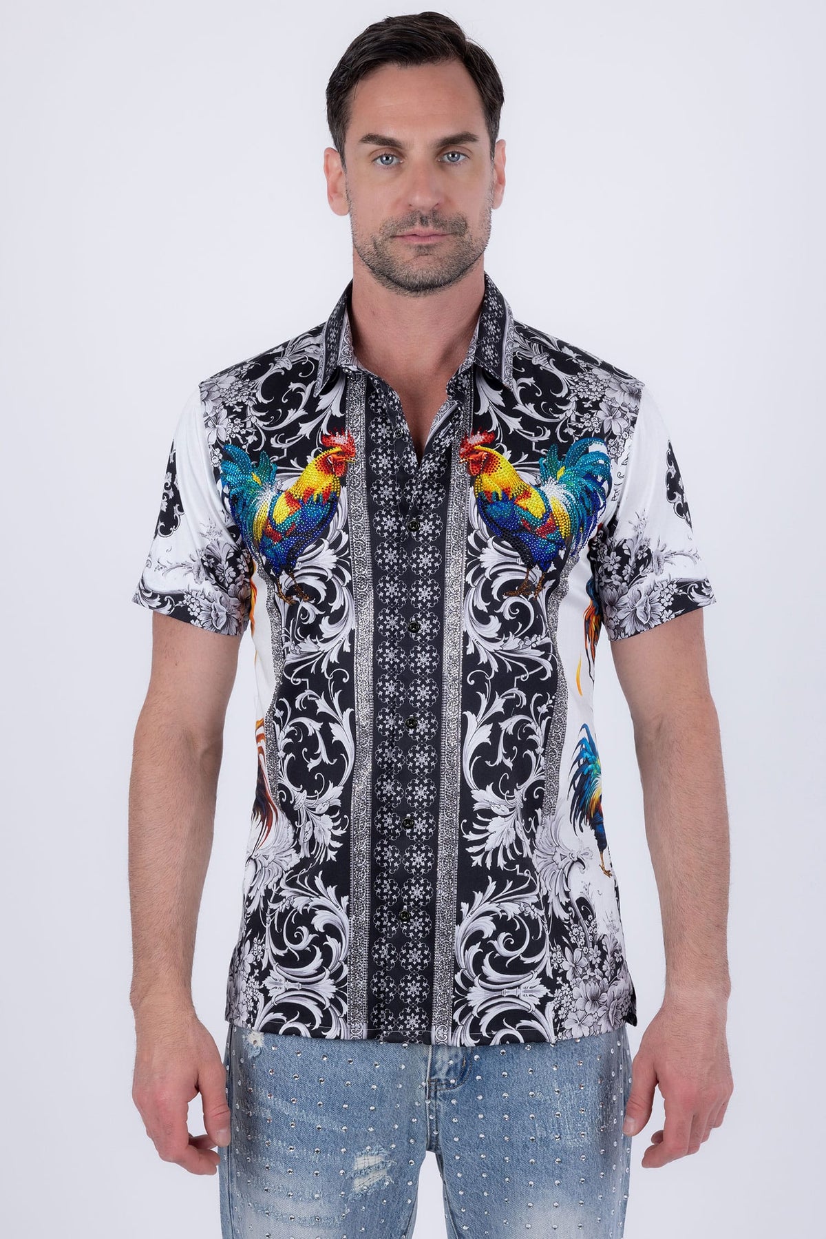 Men's Rhinestone Animal Print Short-Sleeve Shirt | BARABAS 6SSR05 #Color_White