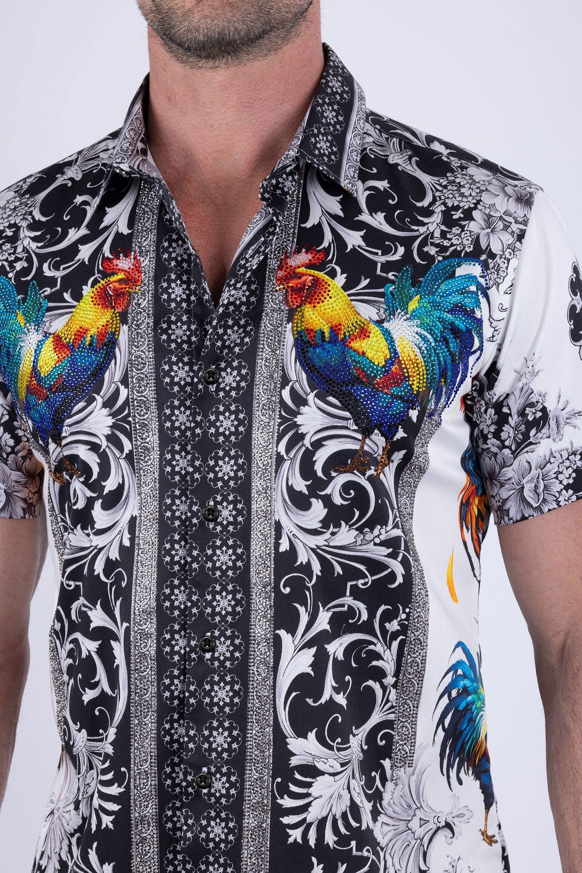 Men's Rhinestone Animal Print Short-Sleeve Shirt | BARABAS 6SSR05 #Color_White