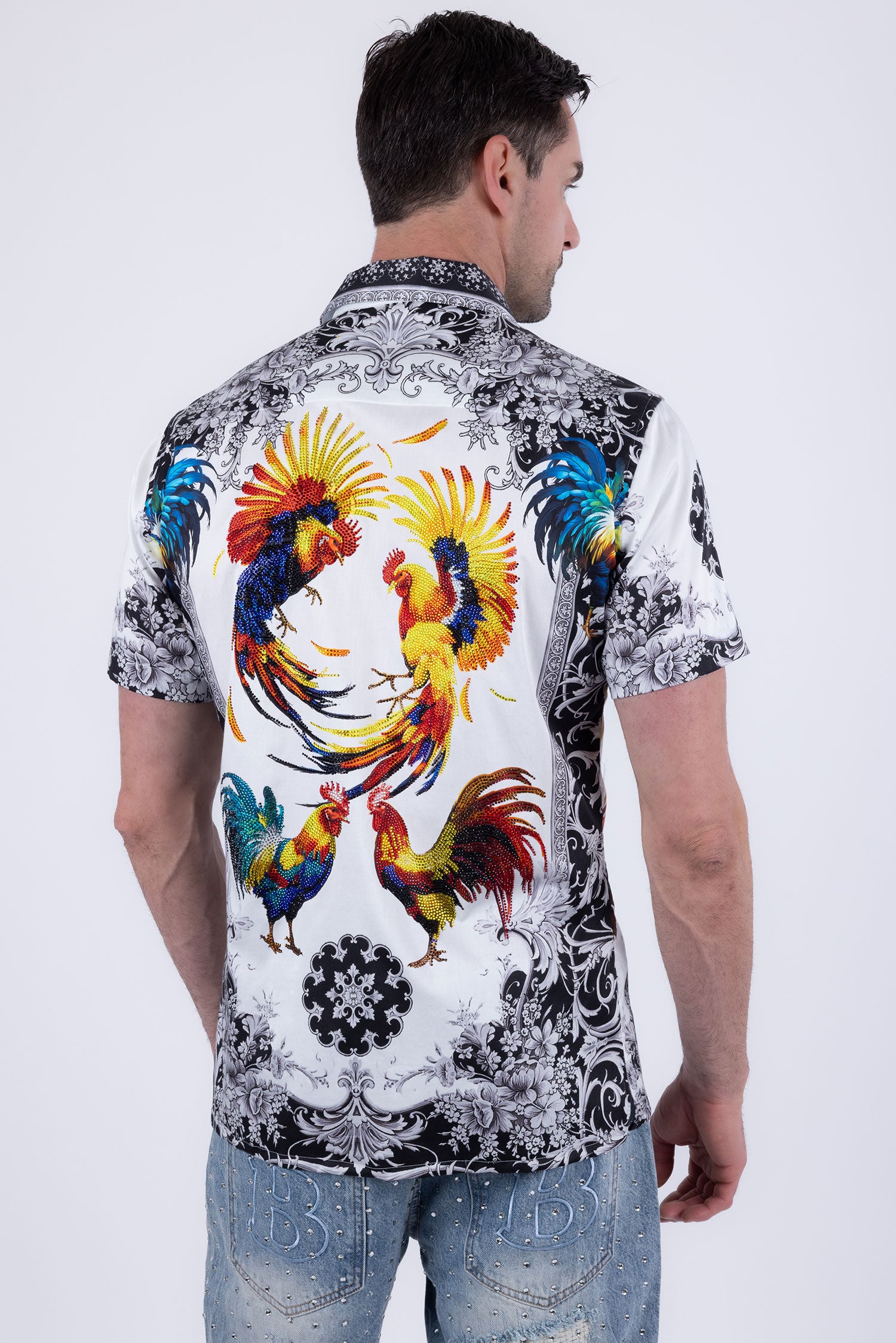 Men's Rhinestone Animal Print Short-Sleeve Shirt | BARABAS 6SSR05 White