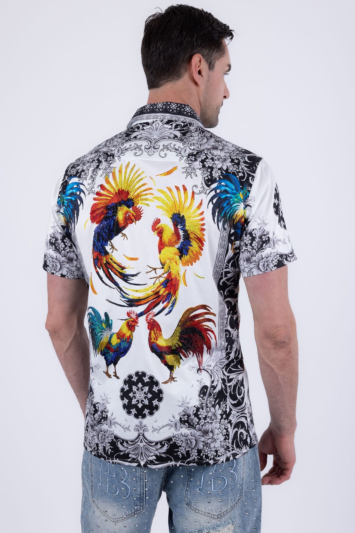 Men's Rhinestone Animal Print Short-Sleeve Shirt | BARABAS 6SSR05 #Color_White