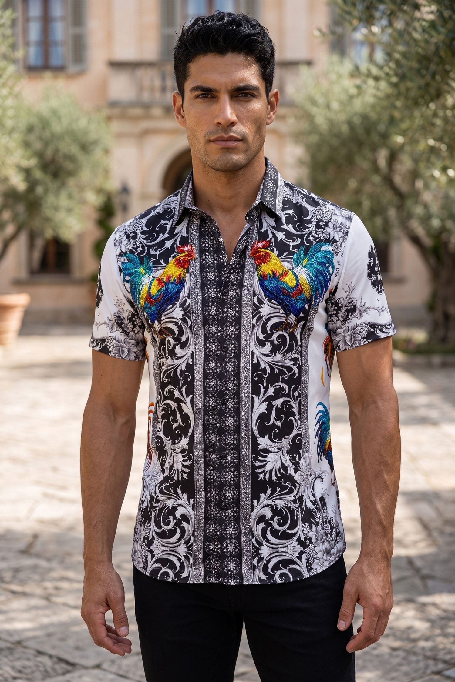 Men's Rhinestone Animal Print Short-Sleeve Shirt | BARABAS 6SSR05 White