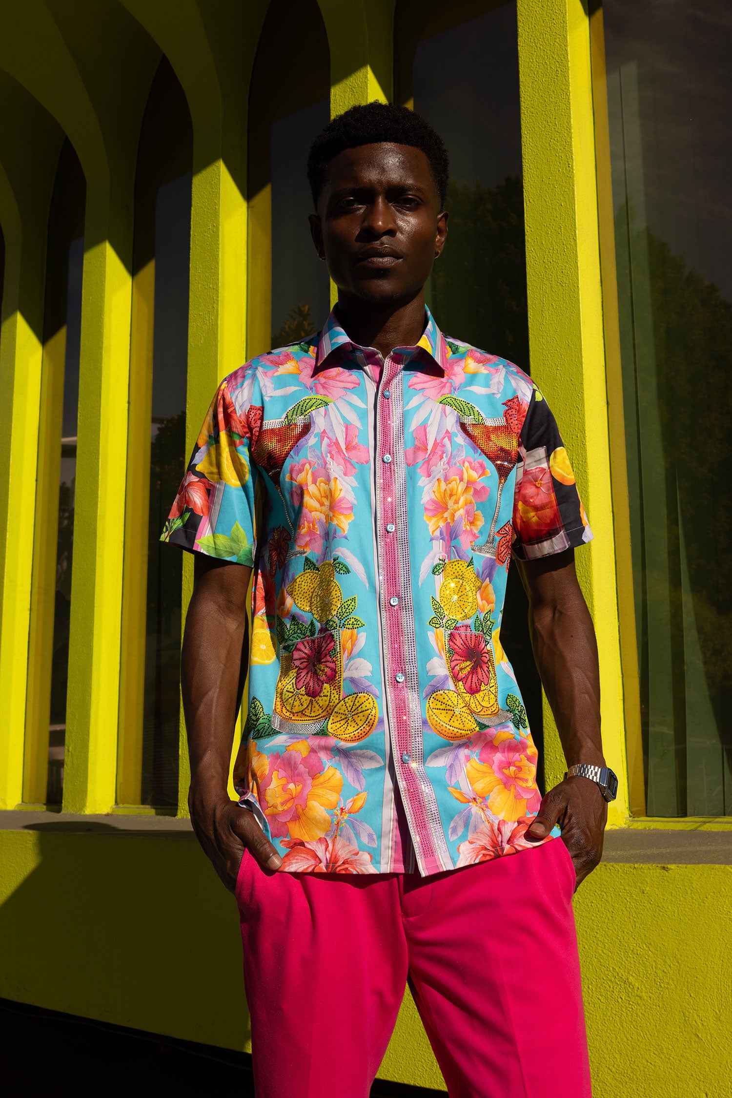 Barabas Men's Rhinestone Cocktails Floral Short-Sleeve Shirt 6SSR06 Pink
