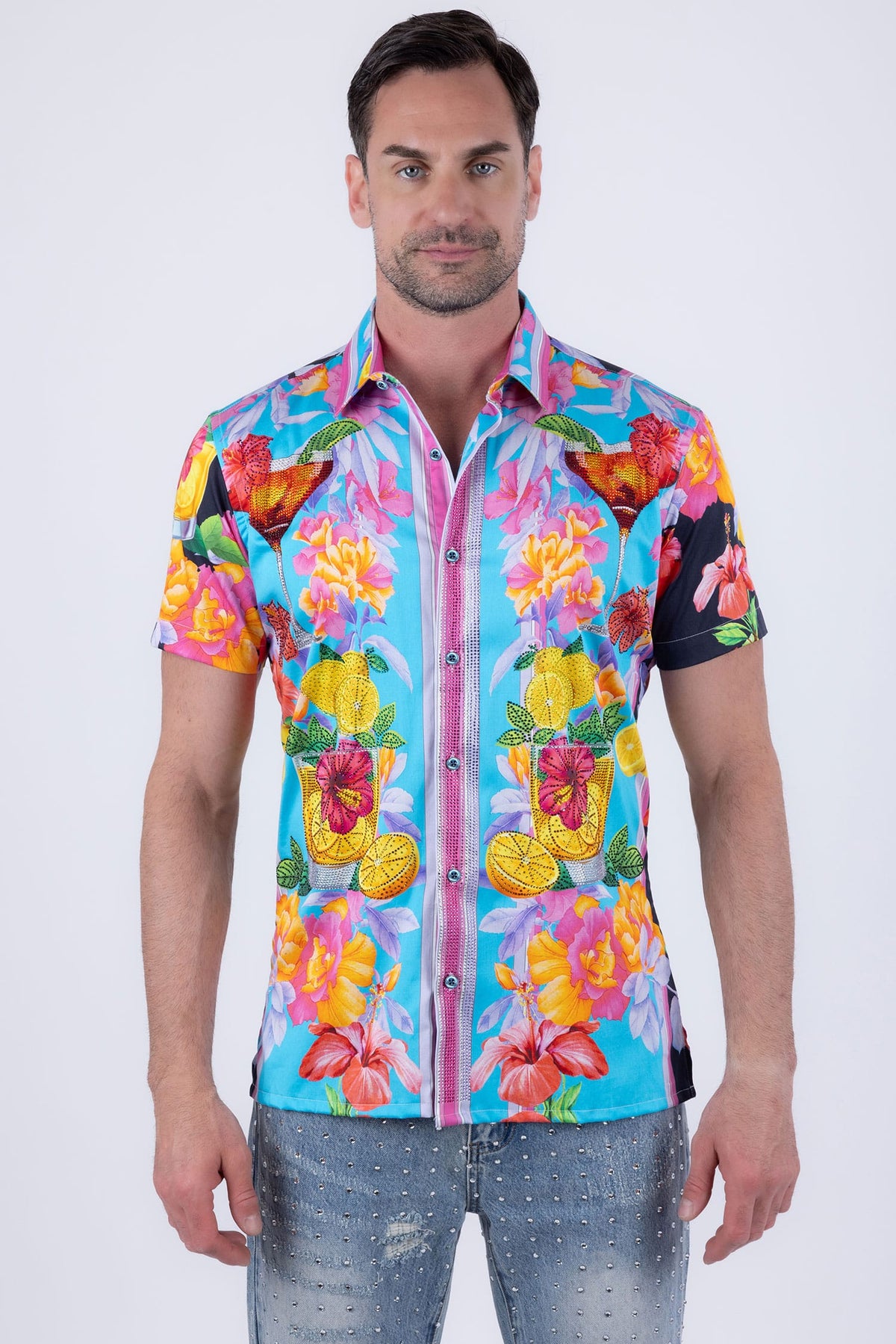 Barabas Men's Rhinestone Cocktails Floral Short-Sleeve Shirt 6SSR06 Pink