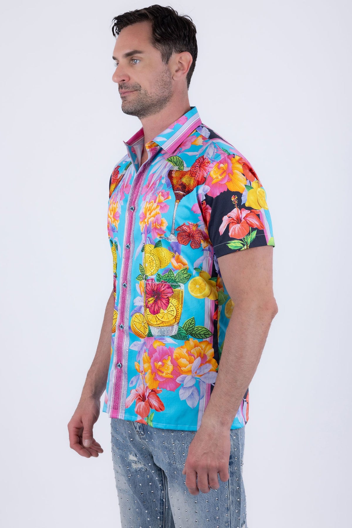 Barabas Men's Rhinestone Cocktails Floral Short-Sleeve Shirt 6SSR06 Light Blue