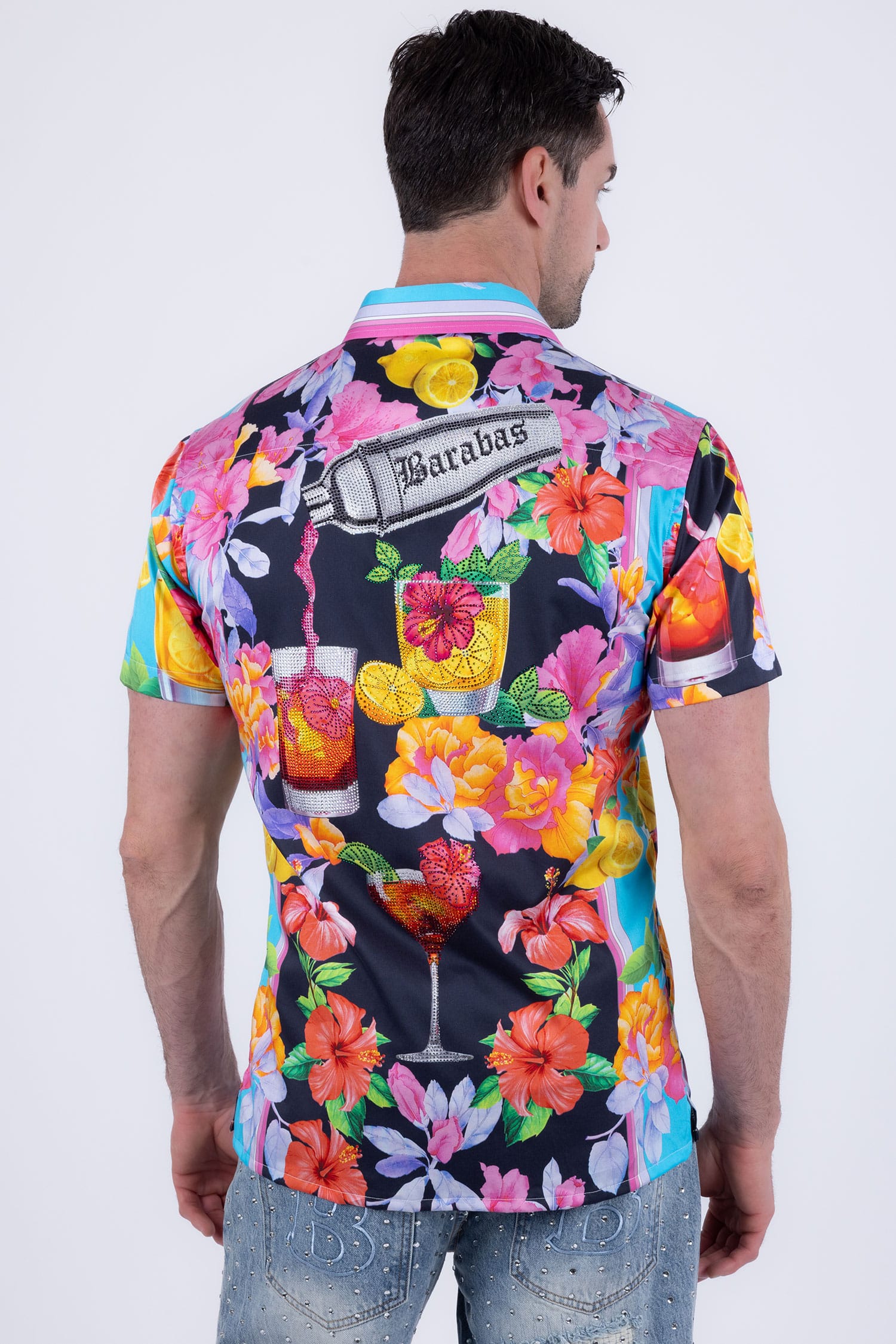Barabas Men's Rhinestone Cocktails Floral Short-Sleeve Shirt 6SSR06 Black