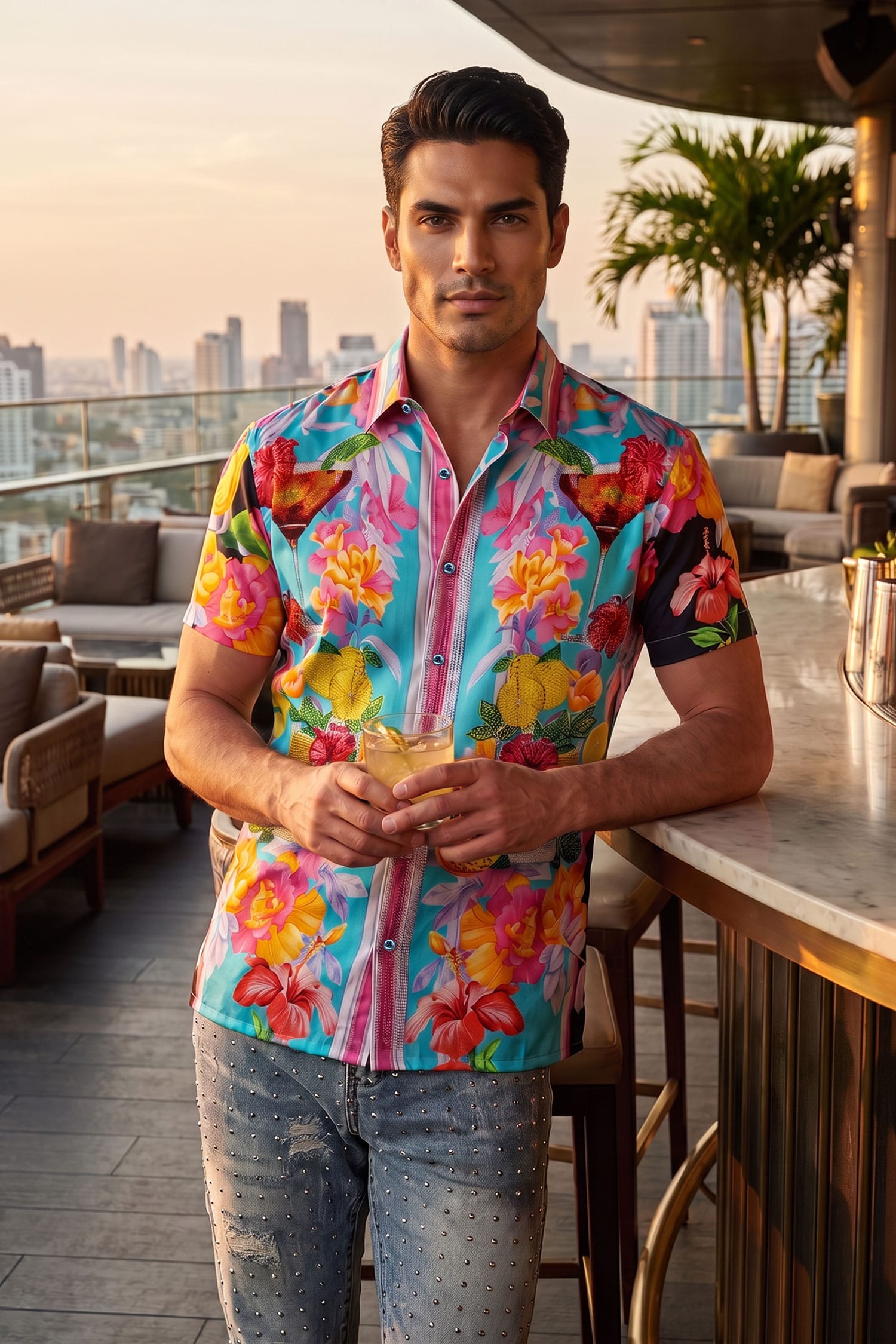 Barabas Men's Rhinestone Cocktails Floral Short-Sleeve Shirt 6SSR06 Pink