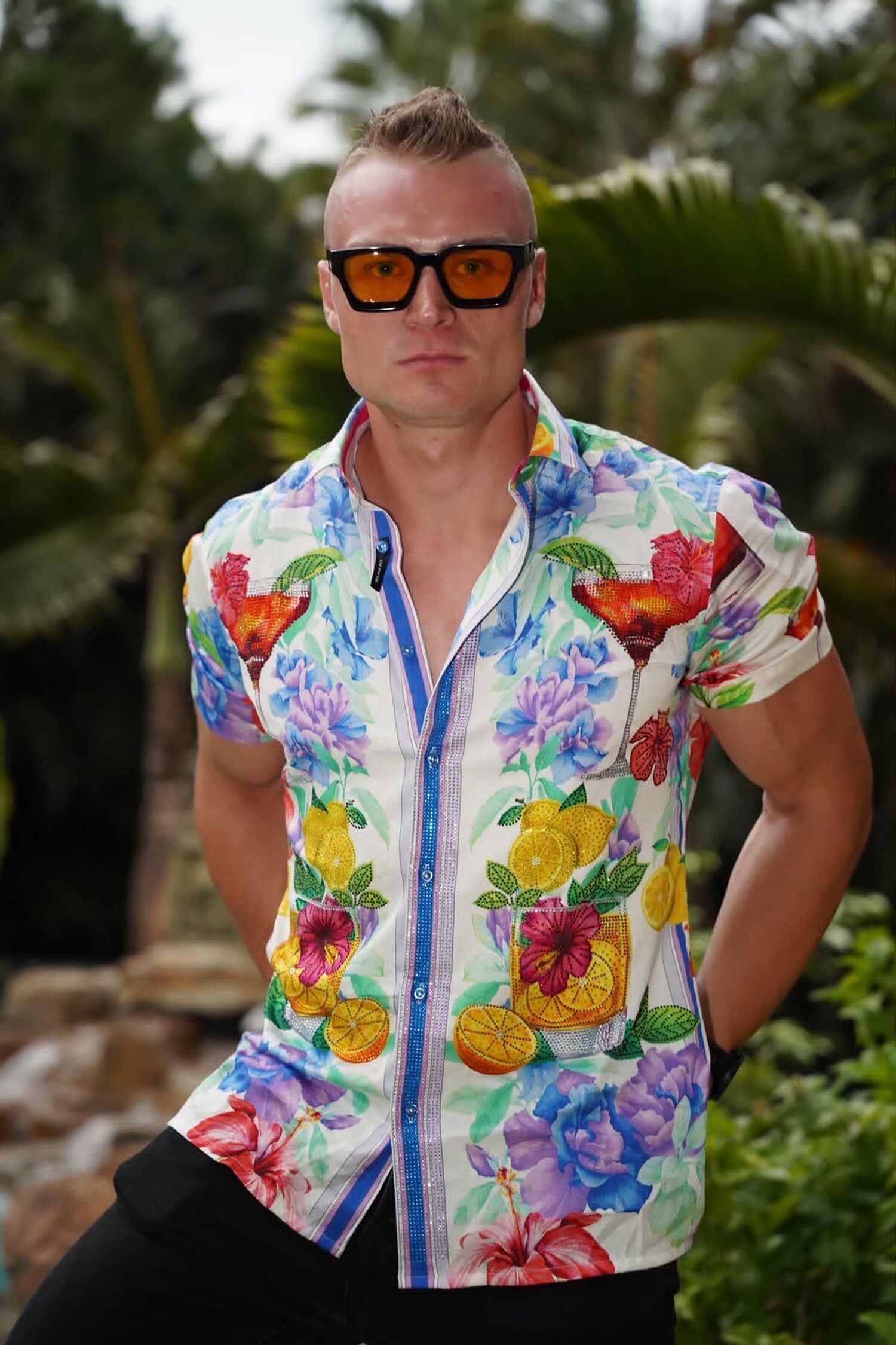 Barabas Men's Rhinestone Cocktails Floral Short-Sleeve Shirt 6SSR06 White