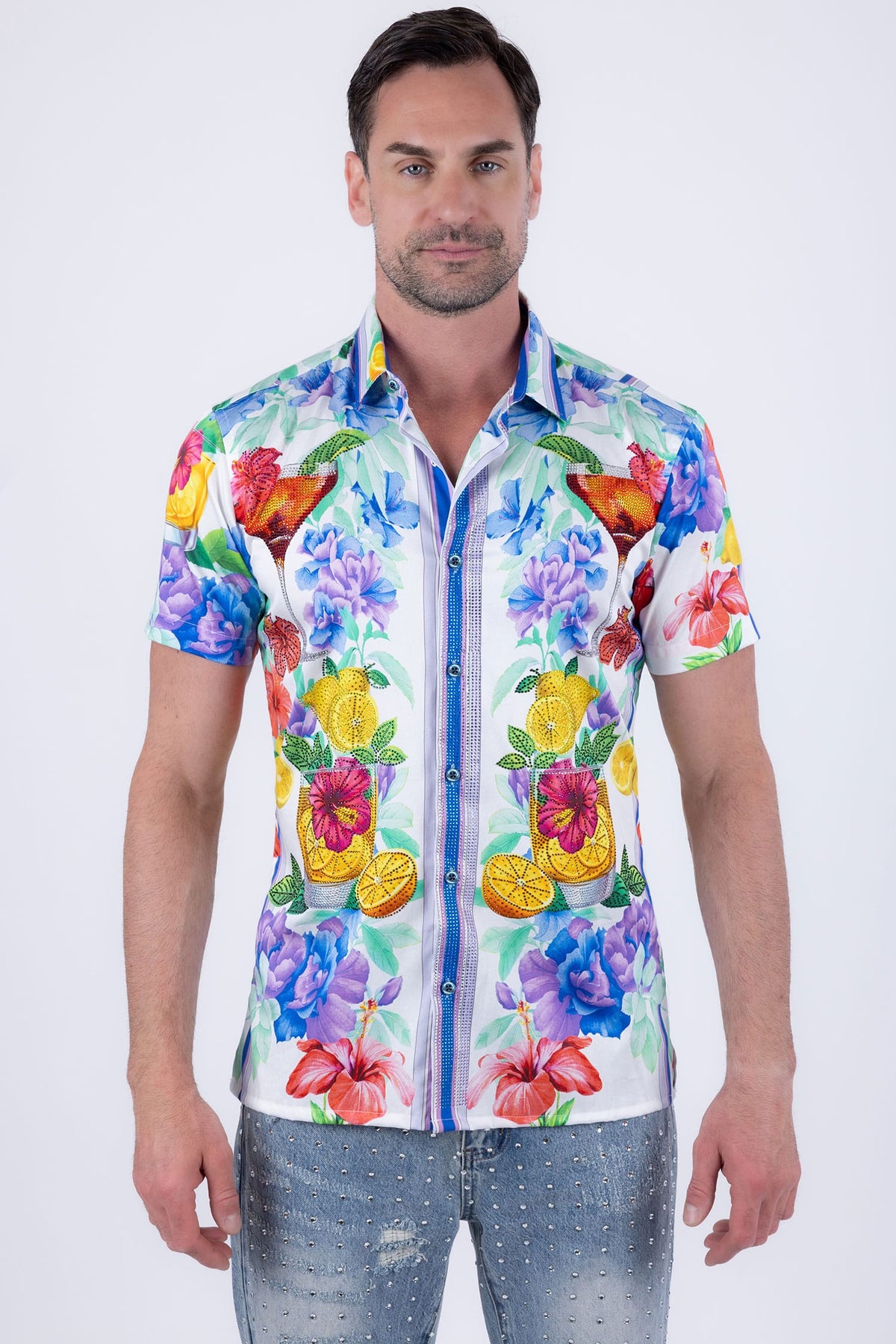 Barabas Men's Rhinestone Cocktails Floral Short-Sleeve Shirt 6SSR06 Yellow