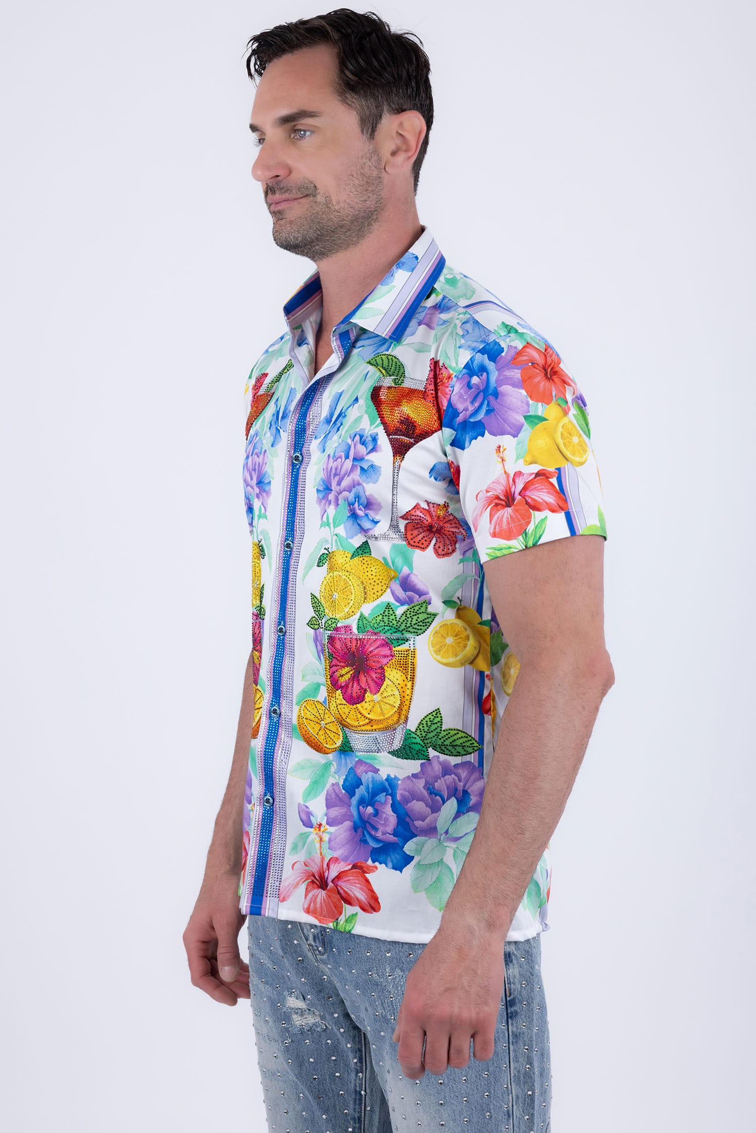 Barabas Men's Rhinestone Cocktails Floral Short-Sleeve Shirt 6SSR06 White