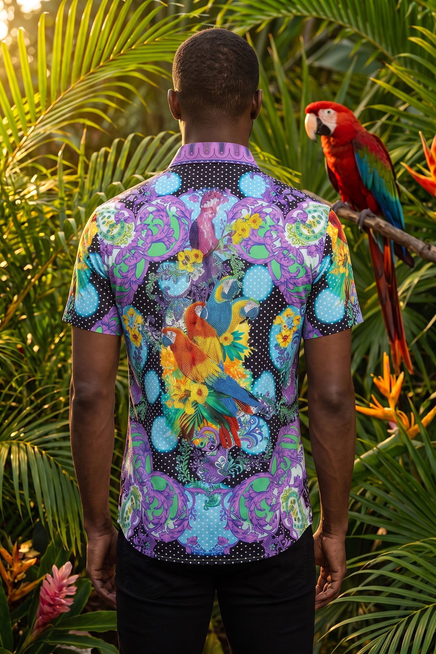 Men's Casual Parrot Rhinestone Short-Sleeve Shirt | BARABAS 6SSR07 Black