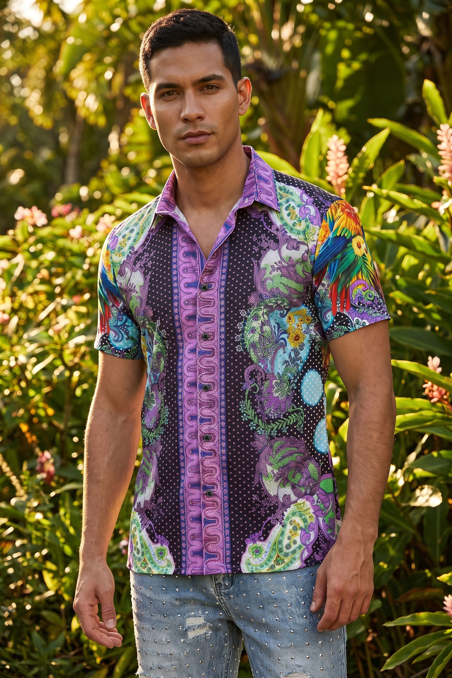Men's Casual Parrot Rhinestone Short-Sleeve Shirt | BARABAS 6SSR07 Black