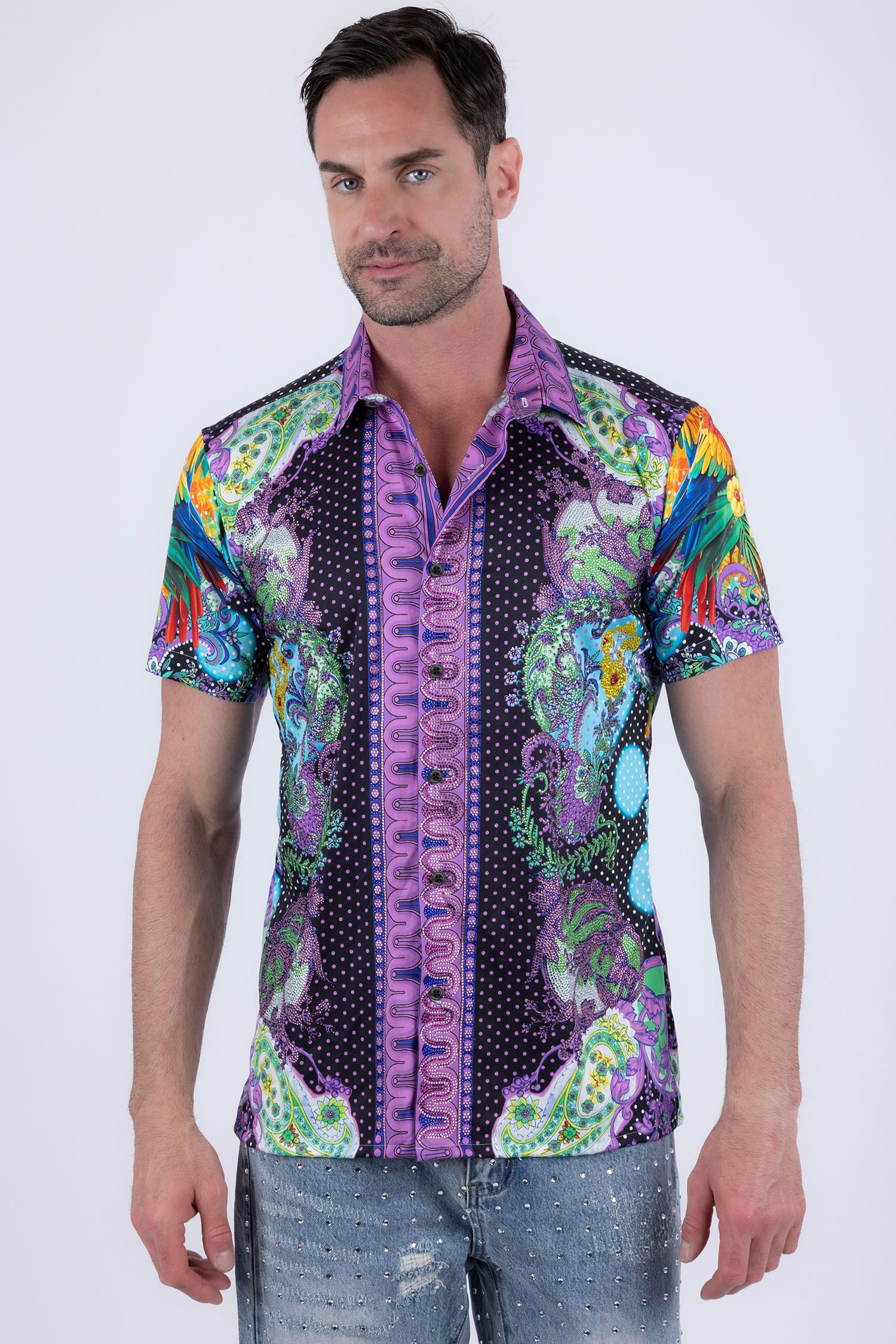 Men's Casual Parrot Rhinestone Short-Sleeve Shirt | BARABAS 6SSR07 Purple