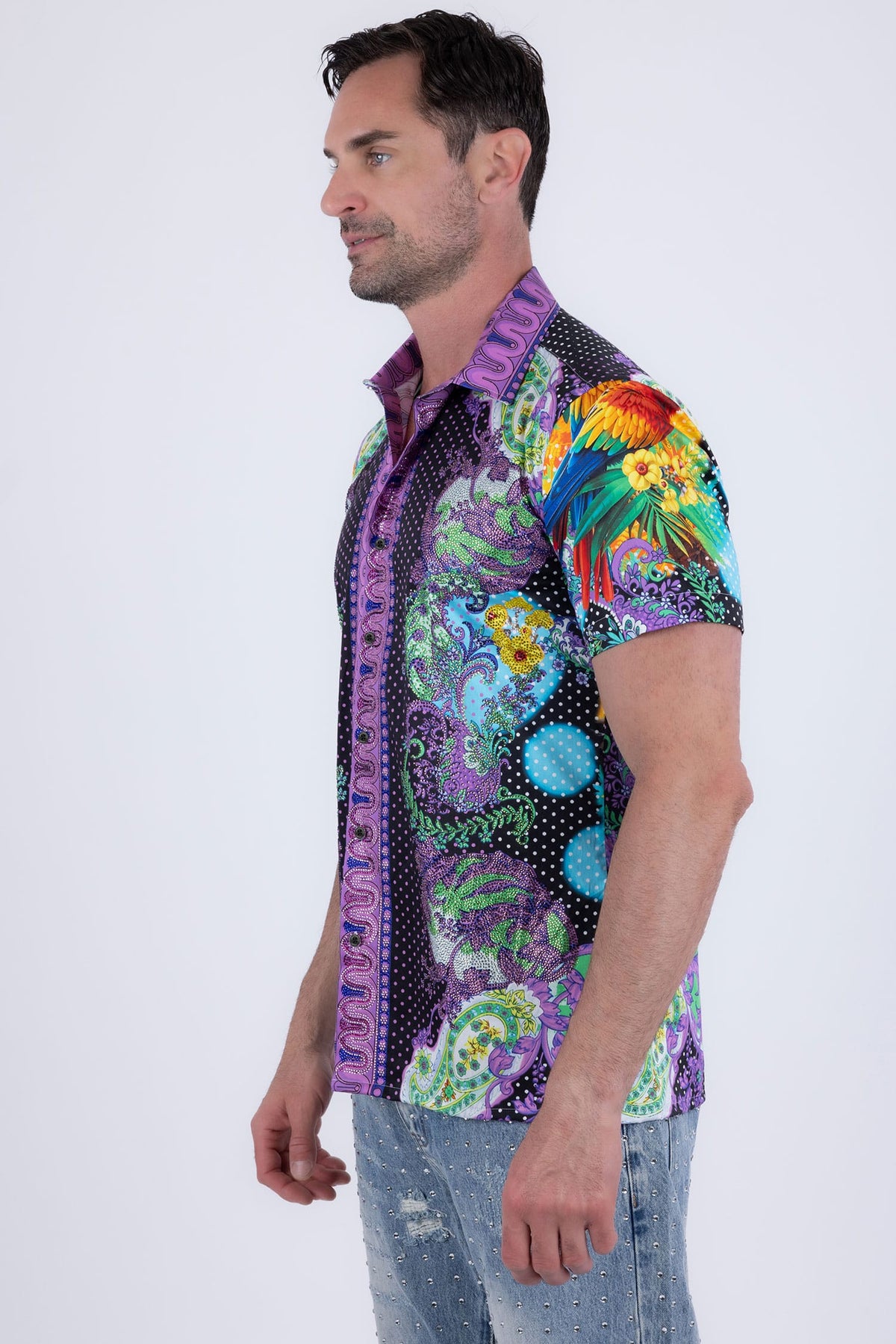 Men's Casual Parrot Rhinestone Short-Sleeve Shirt | BARABAS 6SSR07 Black
