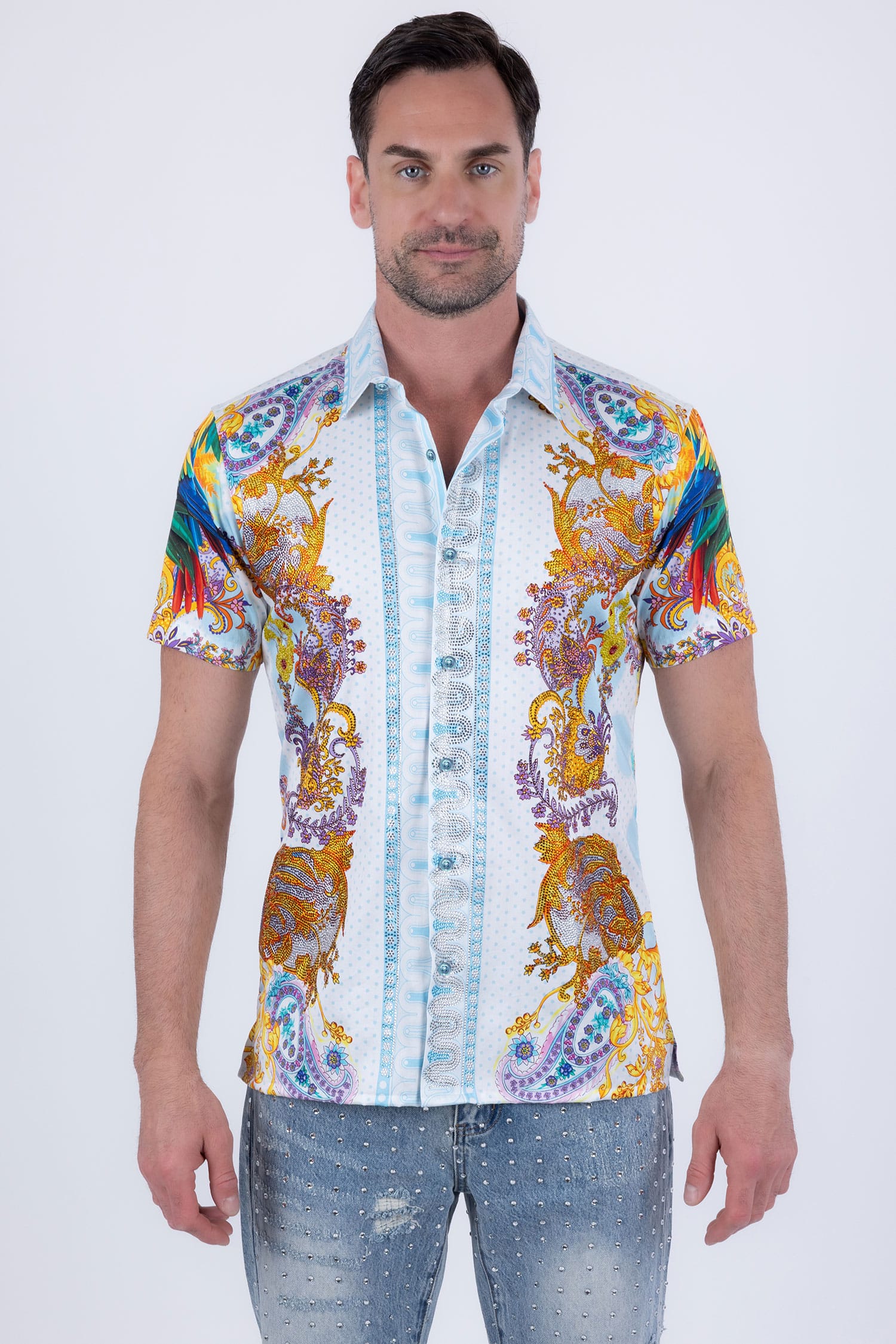 Men's Casual Parrot Rhinestone Short-Sleeve Shirt | BARABAS 6SSR07 White