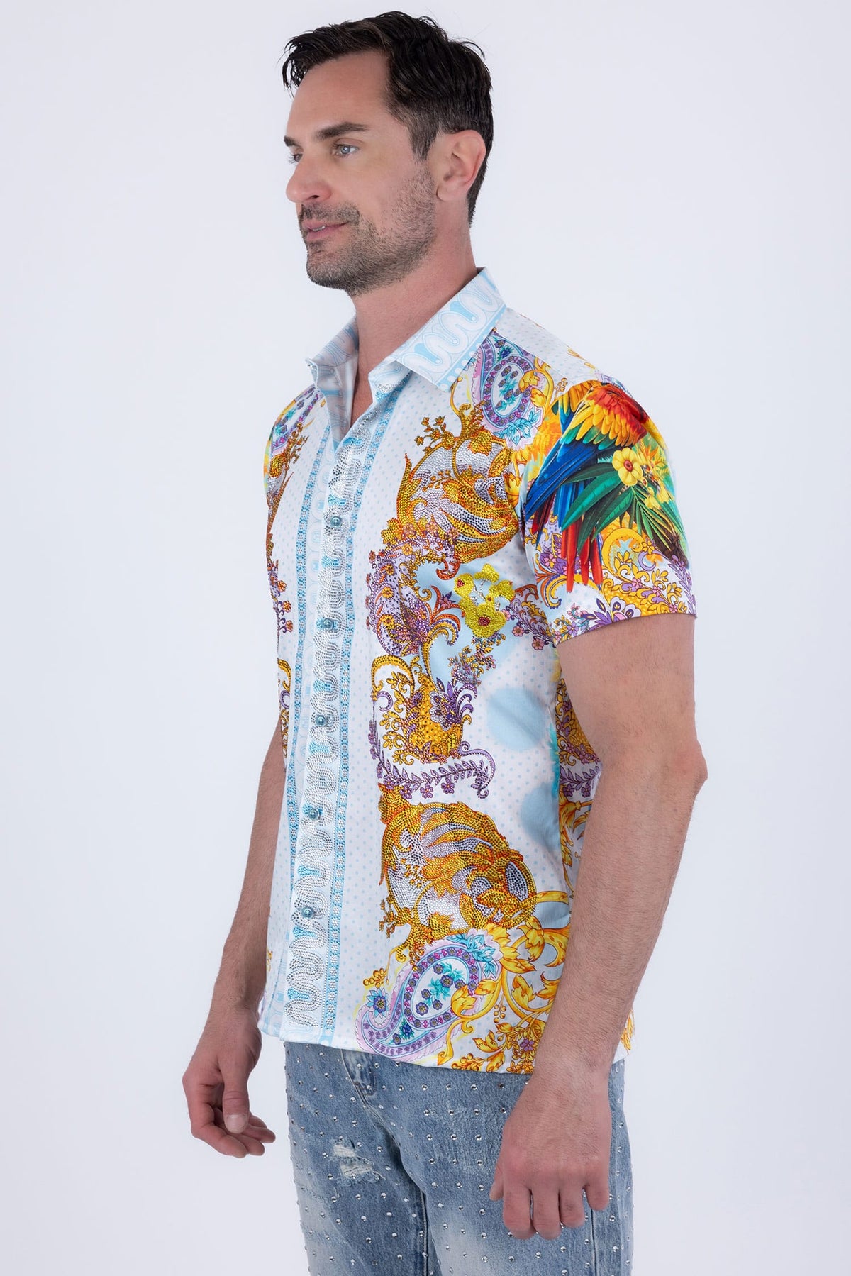 Men's Casual Parrot Rhinestone Short-Sleeve Shirt | BARABAS 6SSR07 Yellow