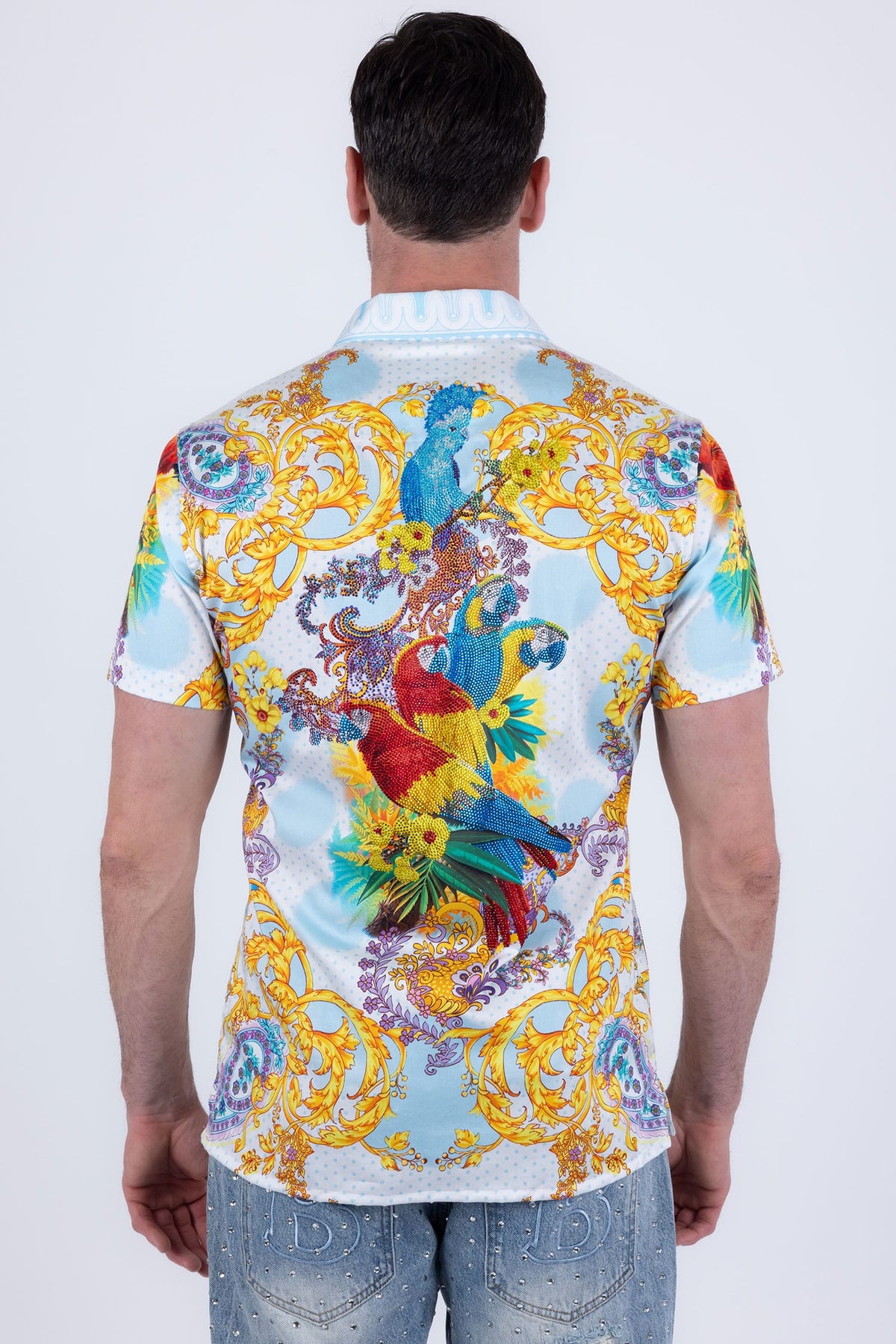 Men's Casual Parrot Rhinestone Short-Sleeve Shirt | BARABAS 6SSR07 White