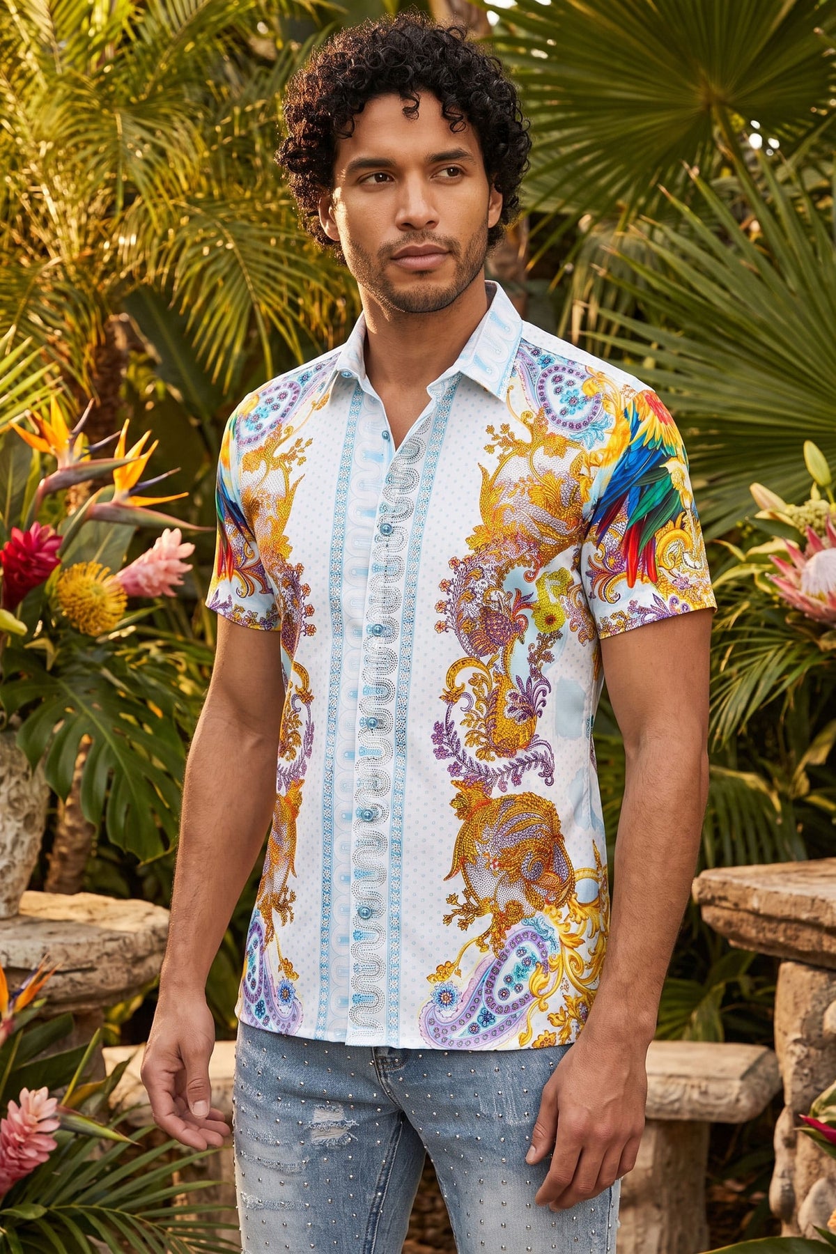 Men's Casual Parrot Rhinestone Short-Sleeve Shirt | BARABAS 6SSR07 White