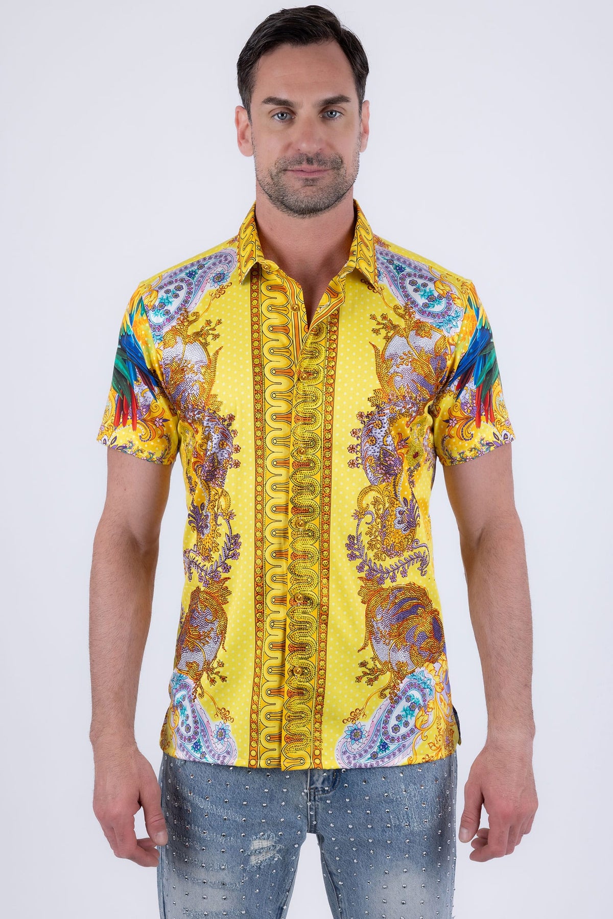 Men's Casual Parrot Rhinestone Short-Sleeve Shirt | BARABAS 6SSR07 Yellow