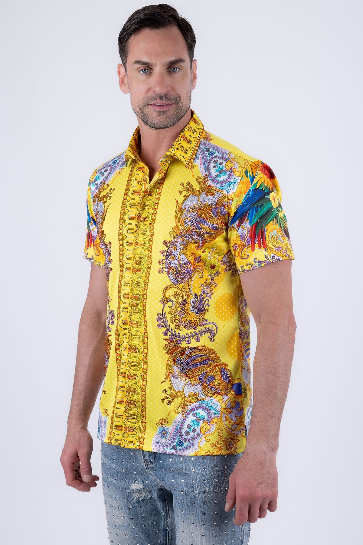 Men's Casual Parrot Rhinestone Short-Sleeve Shirt | BARABAS 6SSR07 Mustard