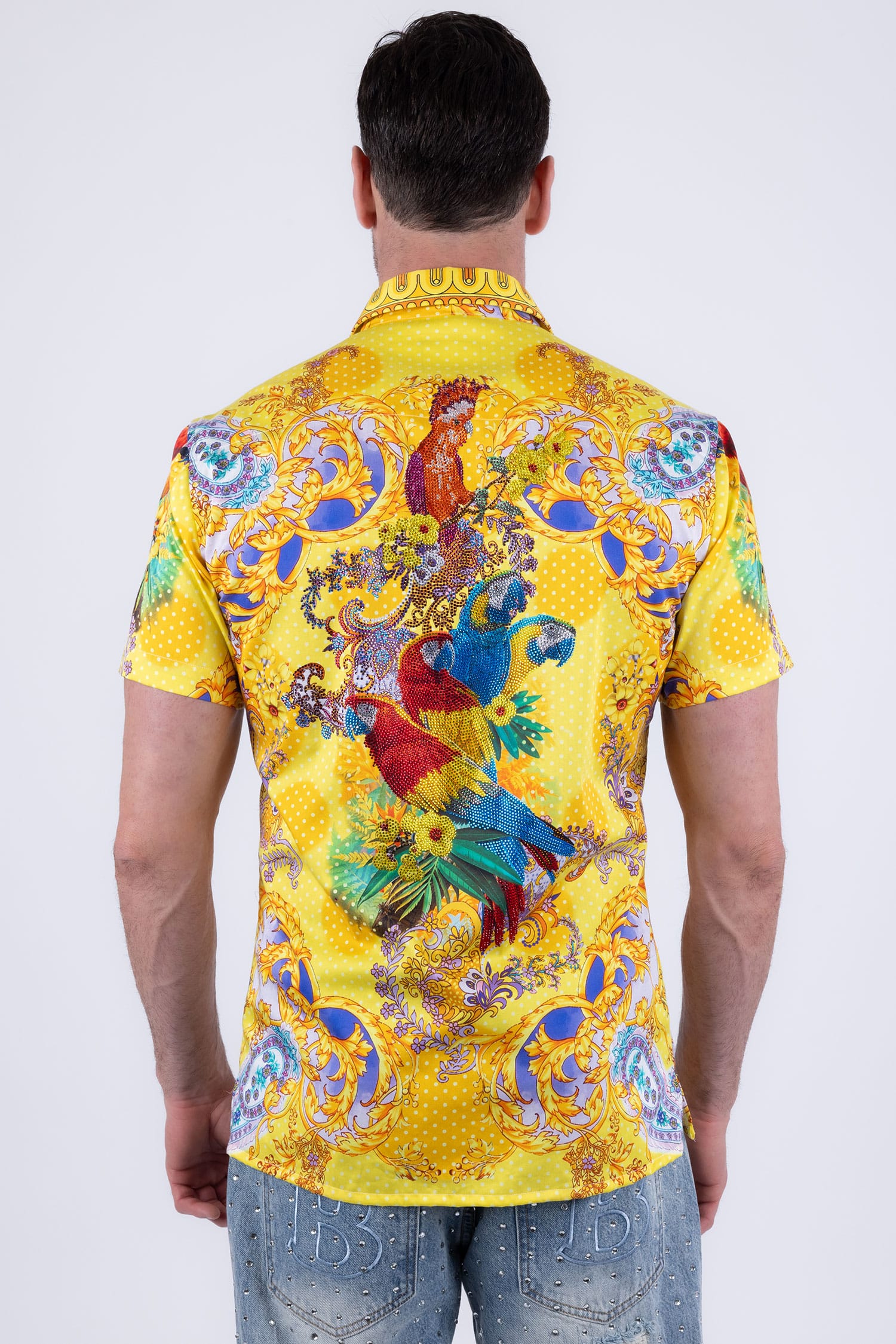 Men's Casual Parrot Rhinestone Short-Sleeve Shirt | BARABAS 6SSR07 Yellow