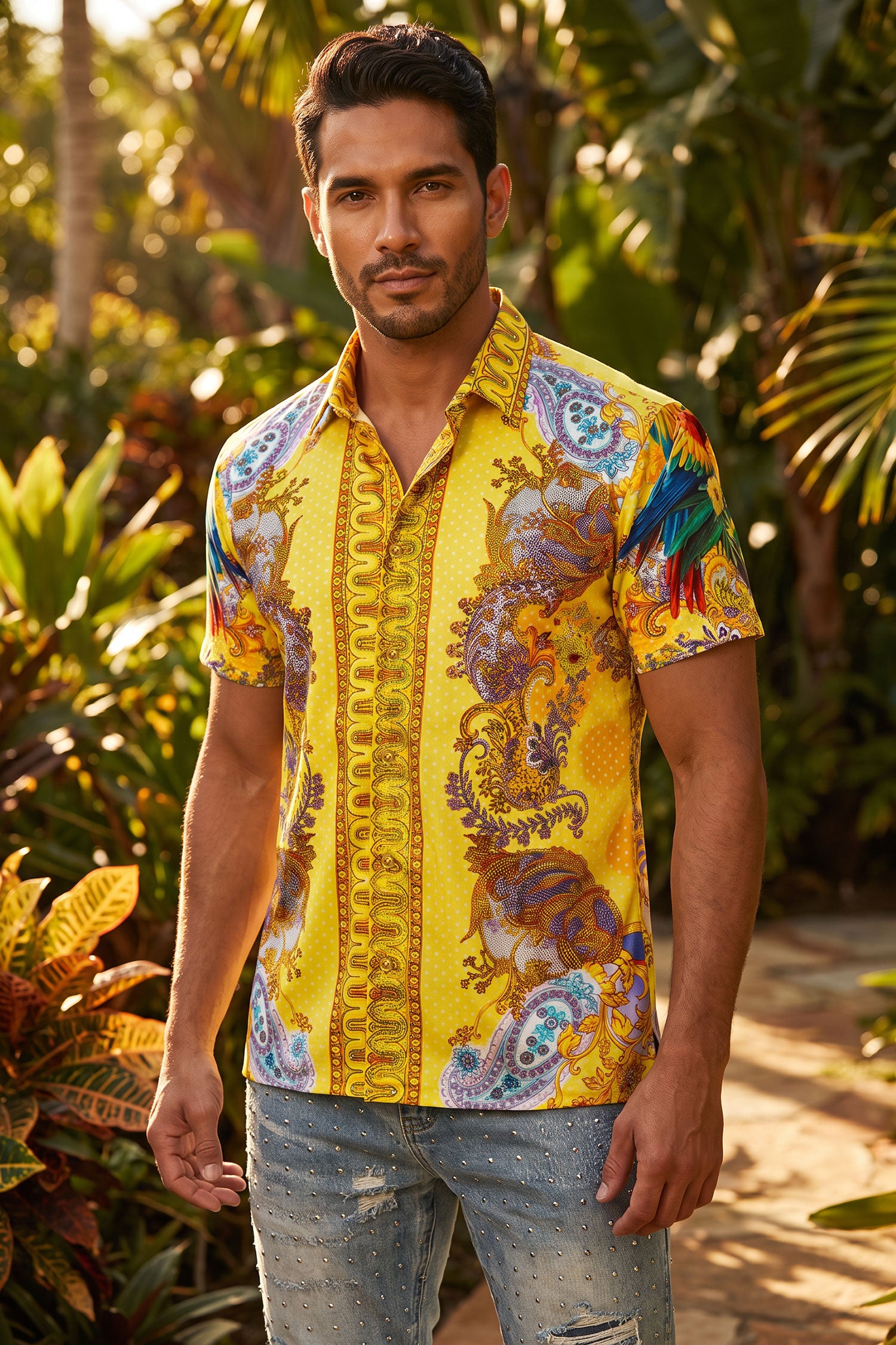 Men's Casual Parrot Rhinestone Short-Sleeve Shirt | BARABAS 6SSR07 Yellow