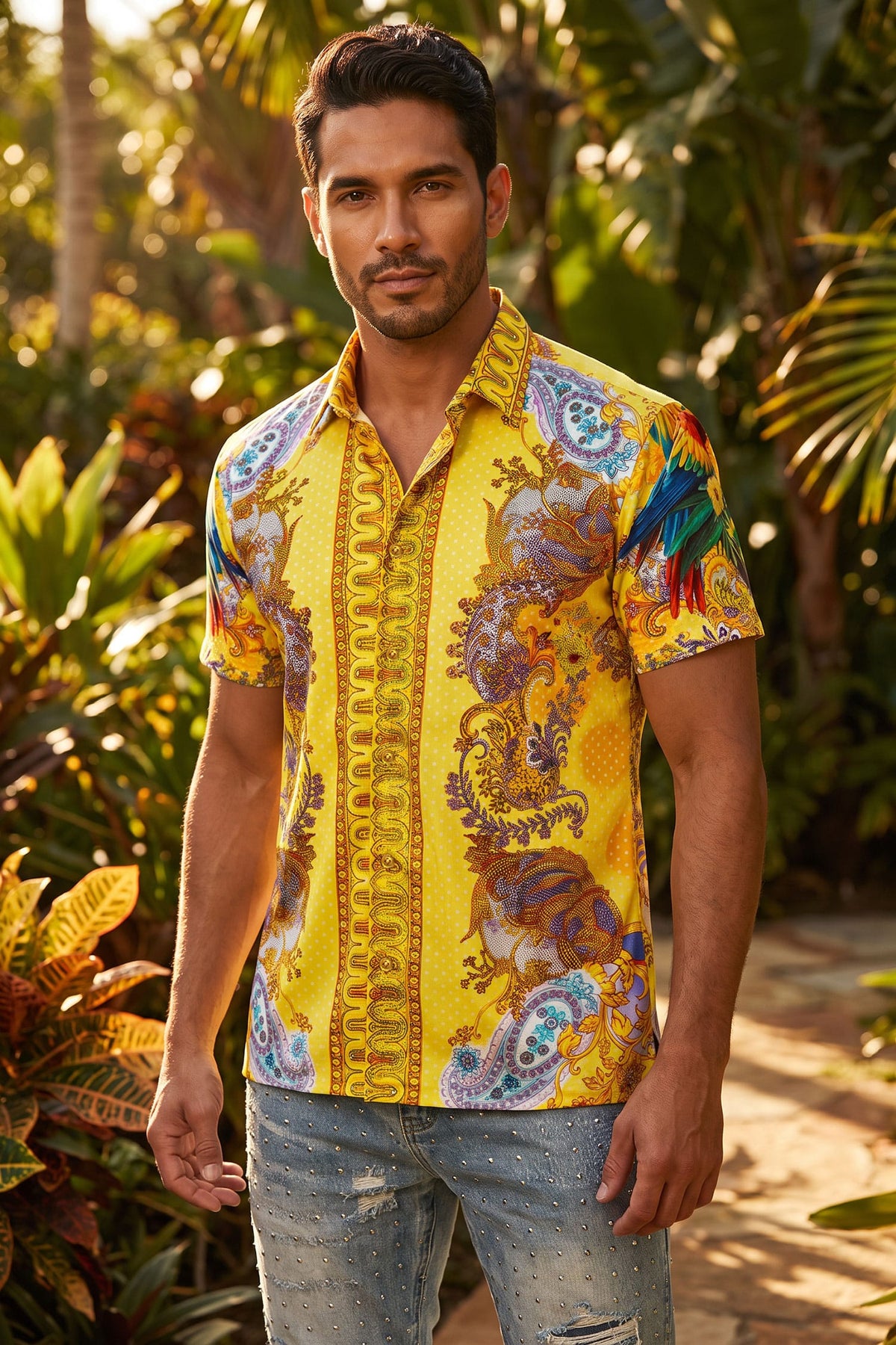 Men's Casual Parrot Rhinestone Short-Sleeve Shirt | BARABAS 6SSR07 Yellow