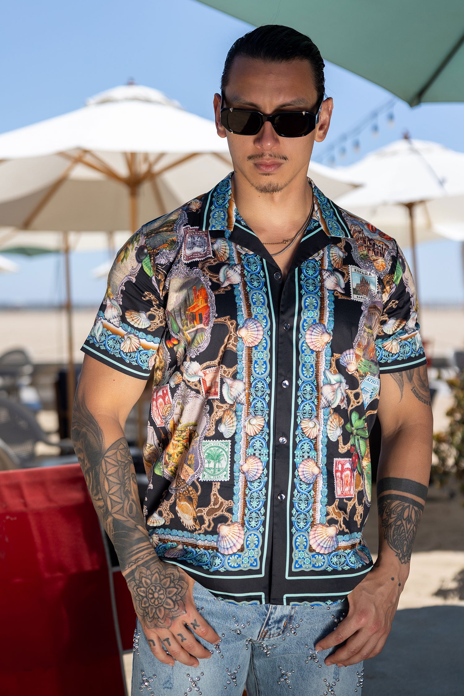 Men's Rhinestone Coral Reef Short-Sleeve Shirt | BARABAS 6SSR08 Black